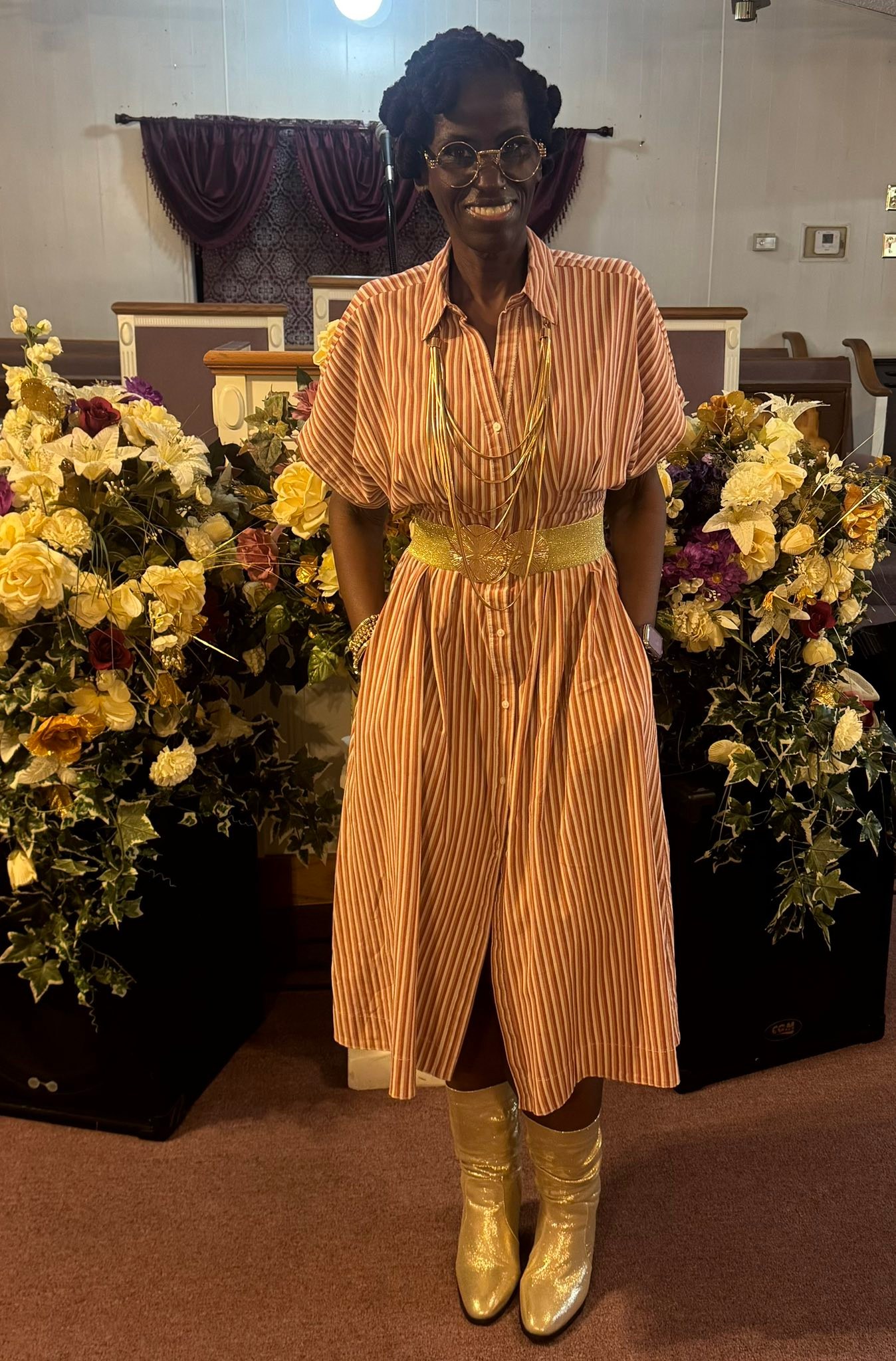 yellow dress with brown boots Styling a striped and gold accents UK Size:8½