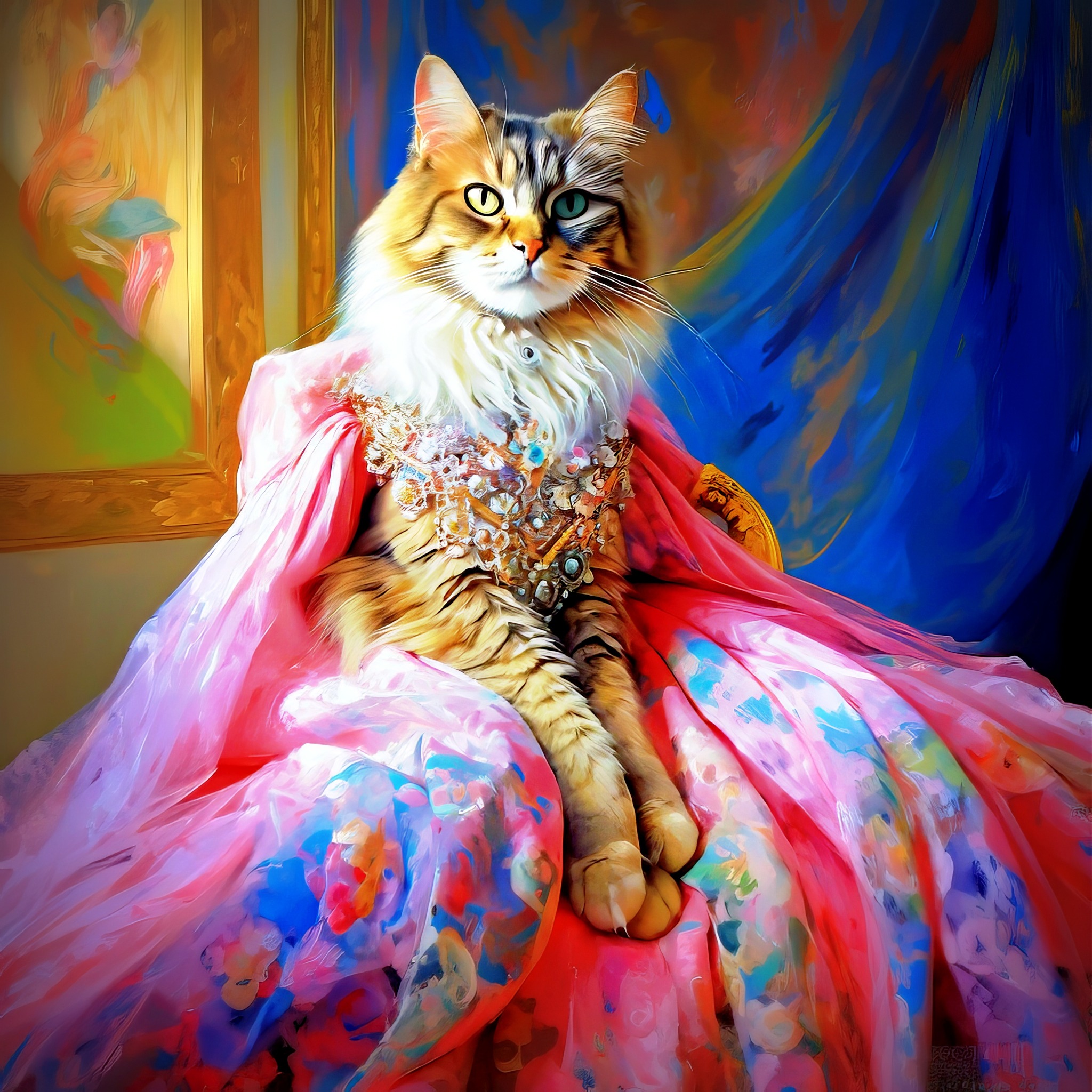 Cat as royalty in lavish gowns and jewelry, Italian renaissance style display picture 1