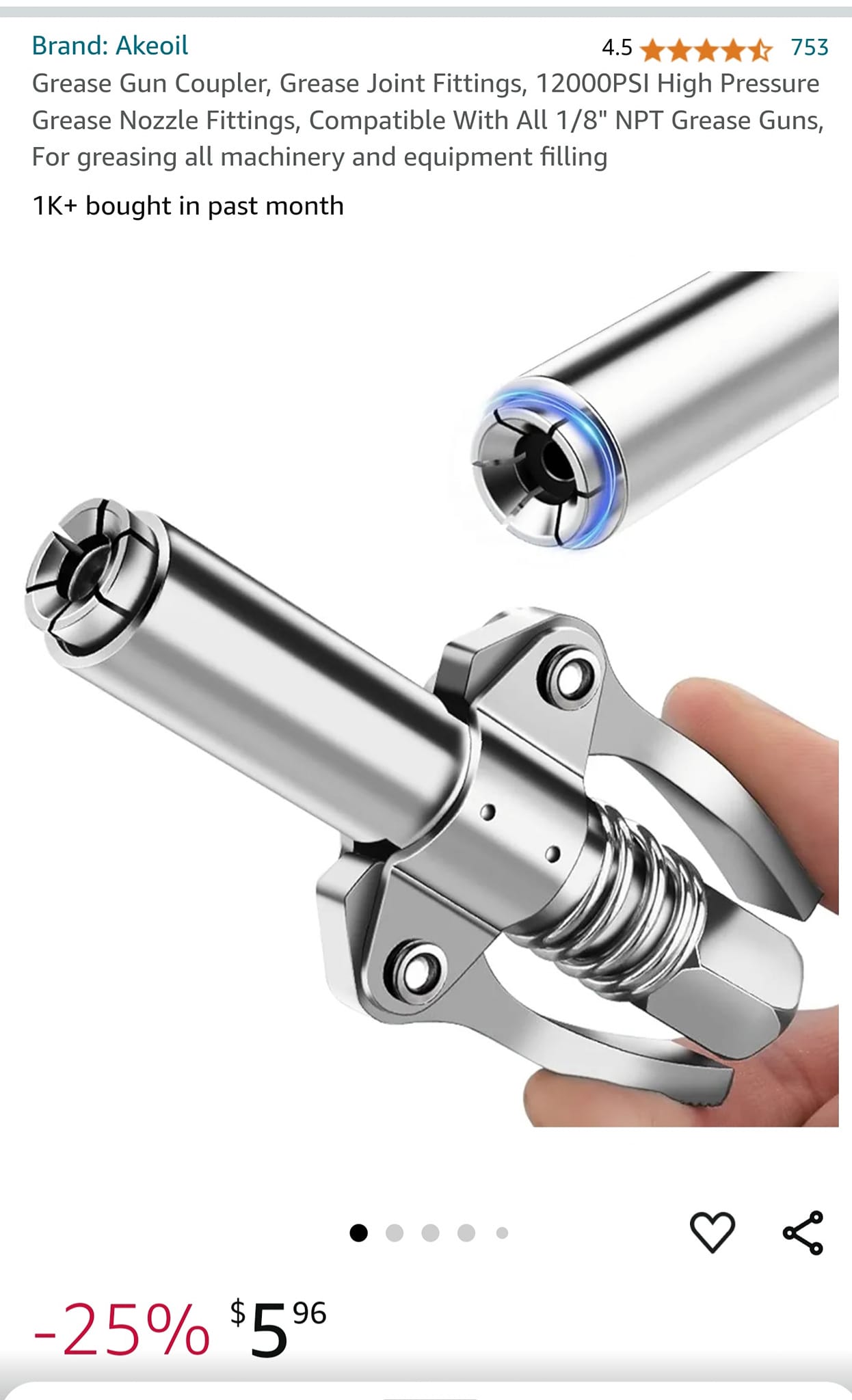 LockNLube Grease Gun Coupler XL: 1/8" NPT, Extra Long Reach