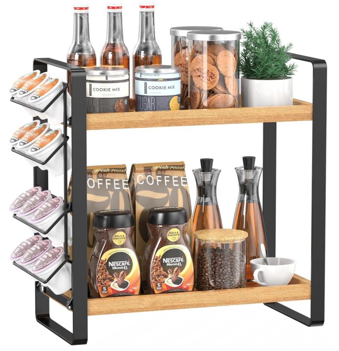 Wooden Coffee Station Organizer - Farmhouse K-Cup Holder With Removable Dividers & Handle