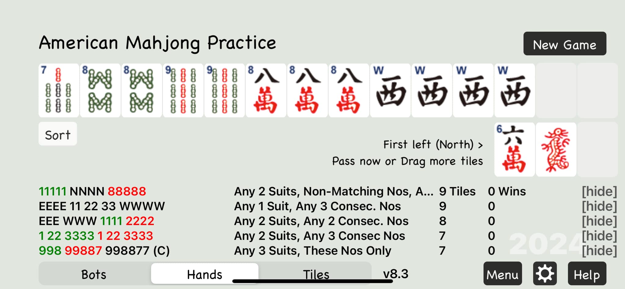 What does the mahjong hand quint 11111 NNNN 8888 mean and why is