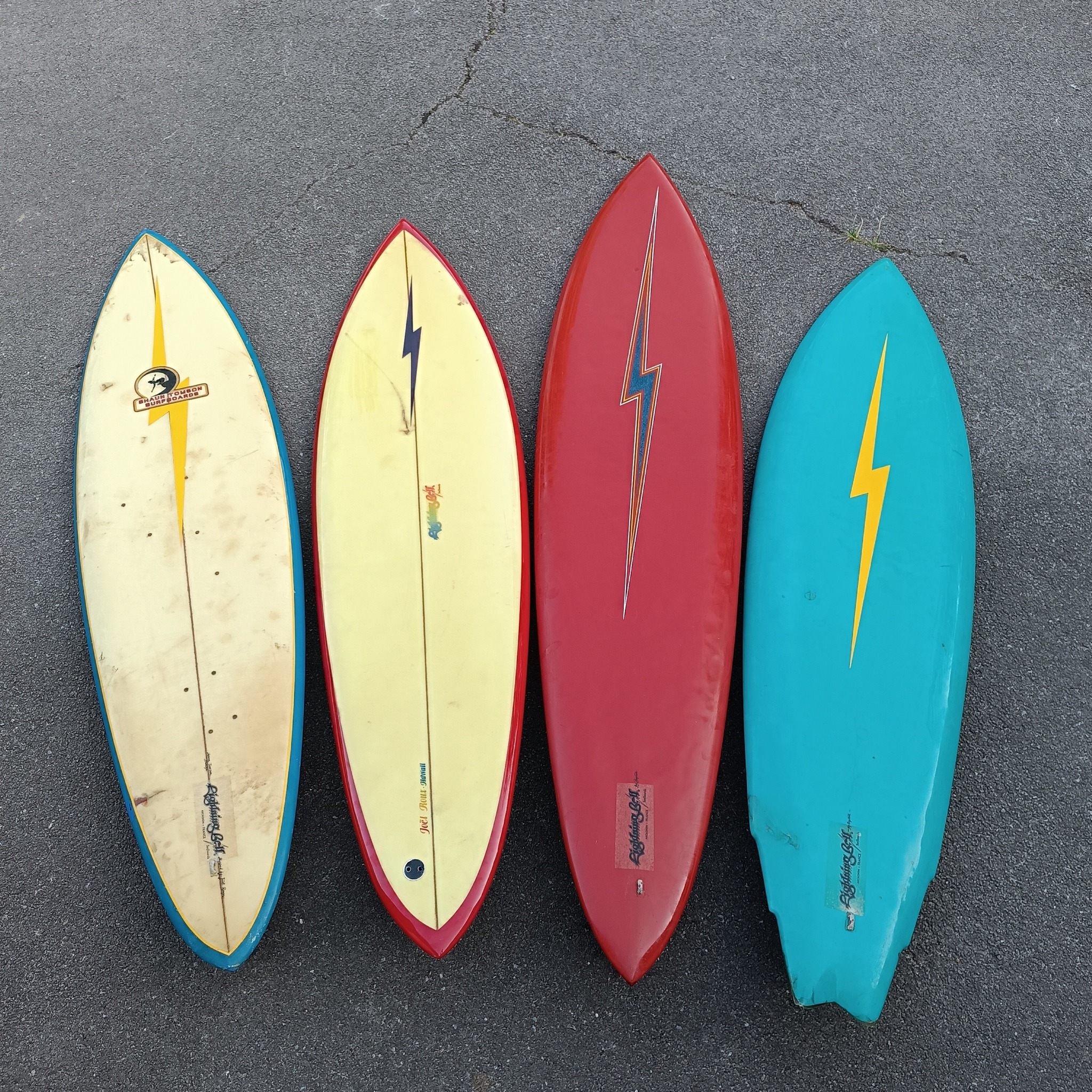 Vintage French Lightning Bolt surfboards by Joel Roux and Baptiste