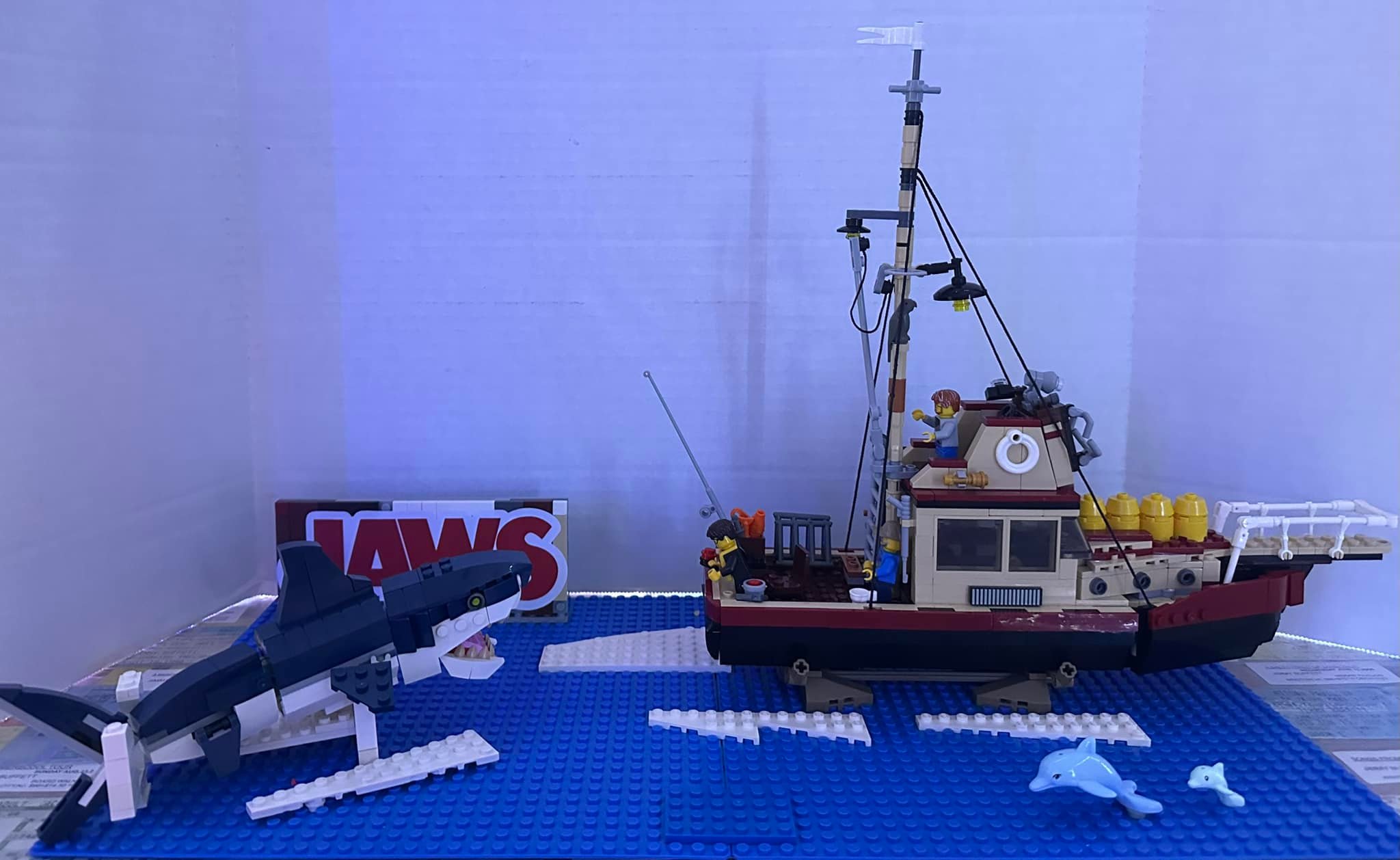 Jaws Lego setup with custom figures and shark