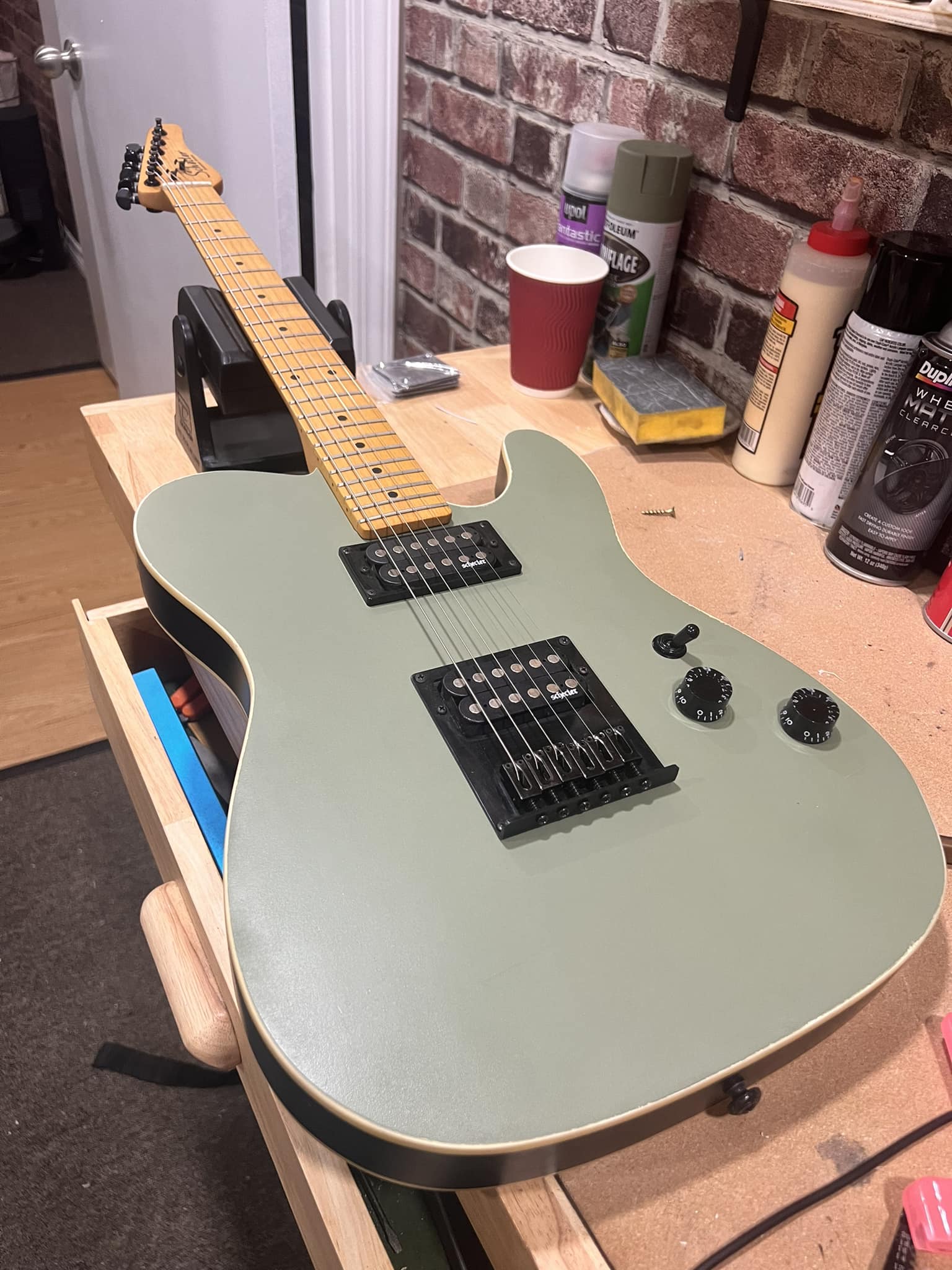 Satin olive refinished Schecter Telecaster guitar