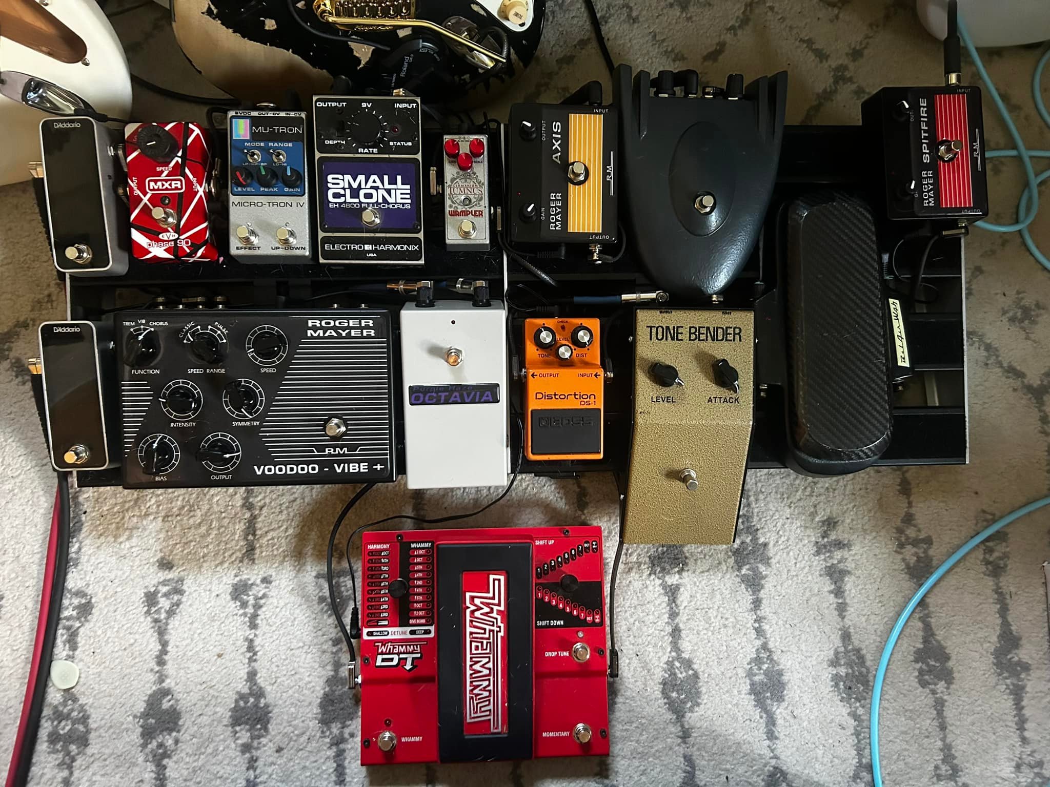 Pedalboard setup with Roger Mayer fuzz boxes and other equipment