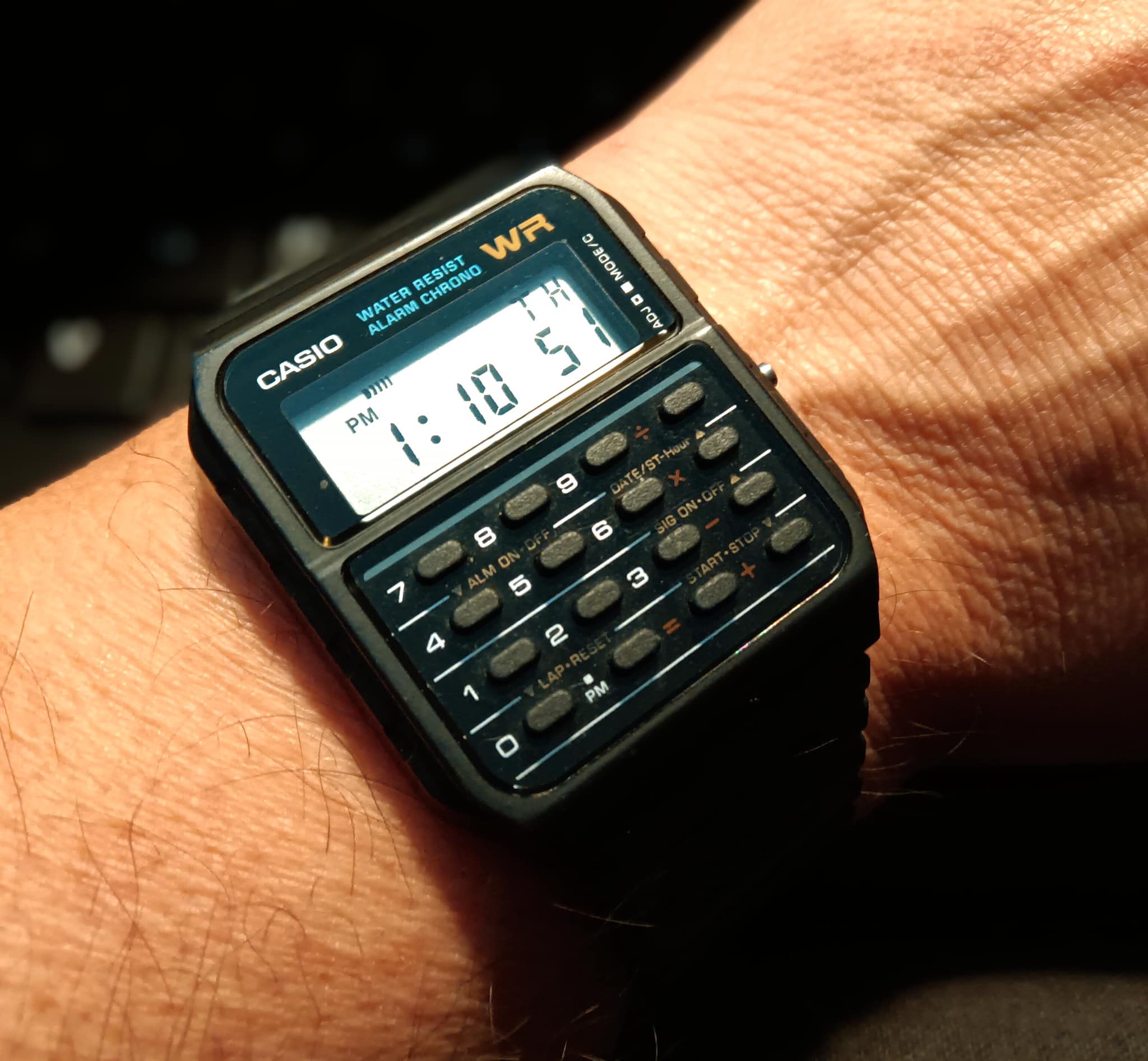 Michael J. Fox wearing a Casio CA53W-1 databank in Back to the