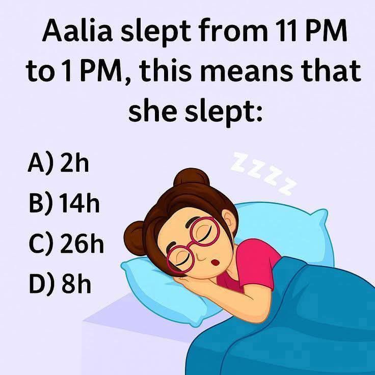 Aalia slept from 11 M to 1PM, 1 this means that she slept: Zzzz A