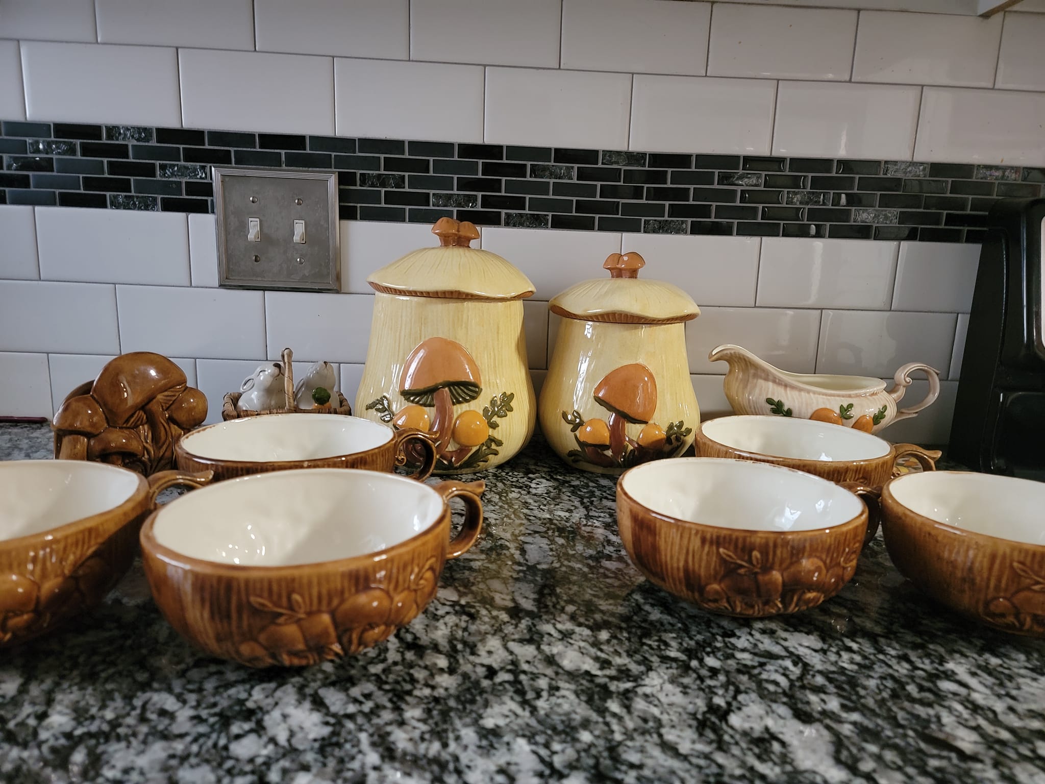 Mushroom cookie jar and canisters spotted at Angels Antiques in