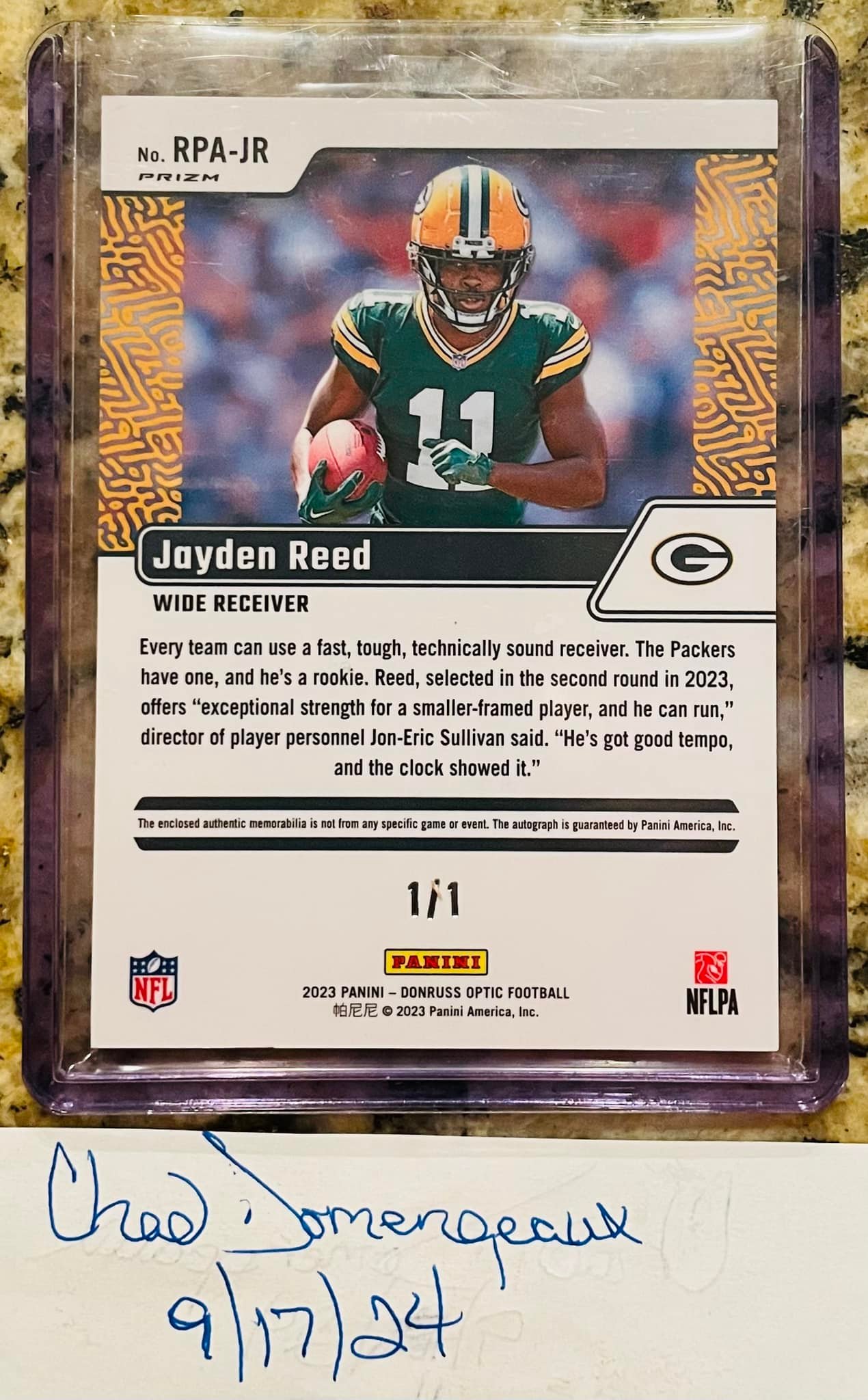 Jayden Reed Spectra Rookie Optics Patch Auto Booklet /15