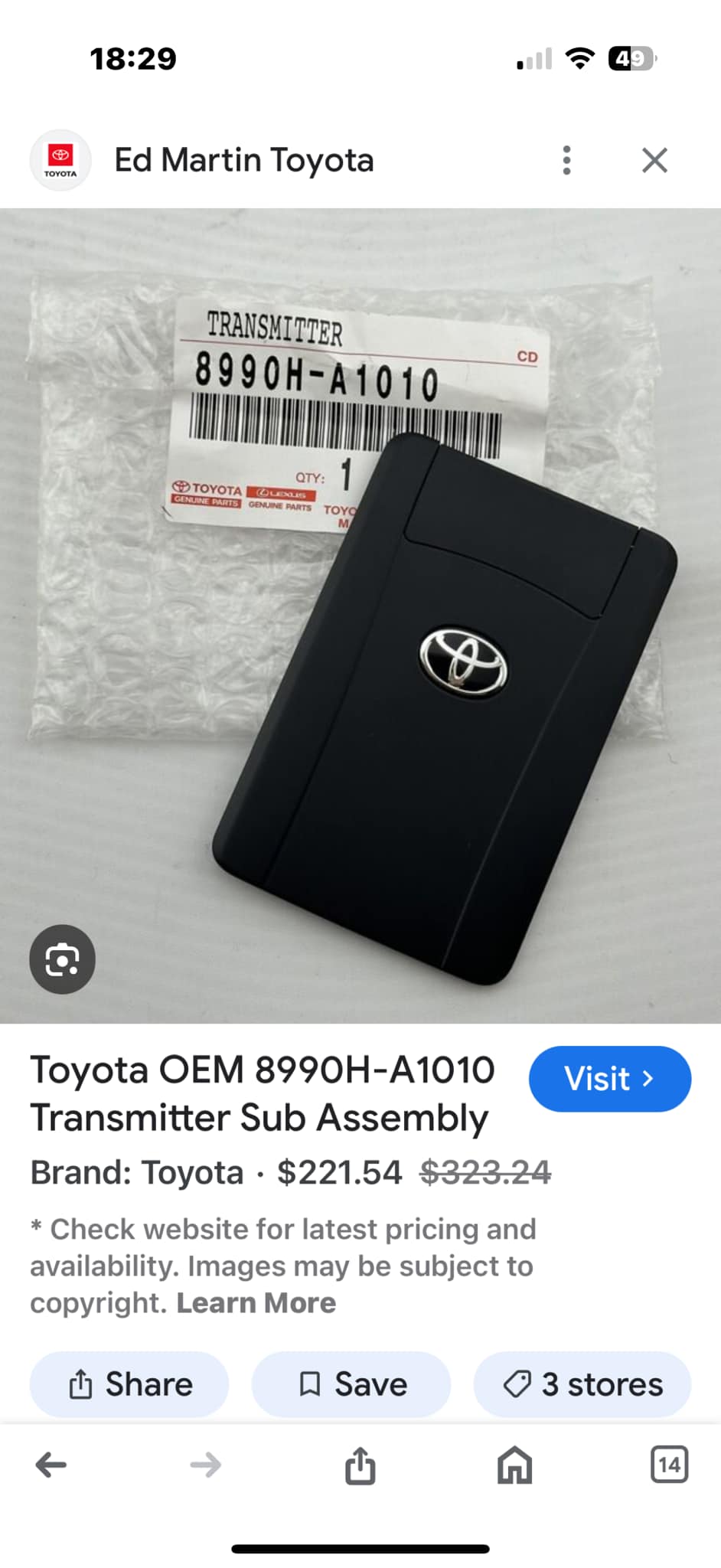 Genuine Mercedes 3-Button Remote Smart Key Fob - A C E Class Etc. Tested Working Used-1236304