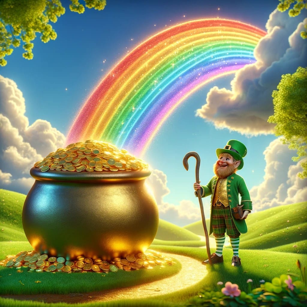 Iconic Classic A Mischievous Leprechaun Hiding A Pot Of Gold At The End Of A Rainbow Vibrant Colors Cartoon Style Expertly Shot