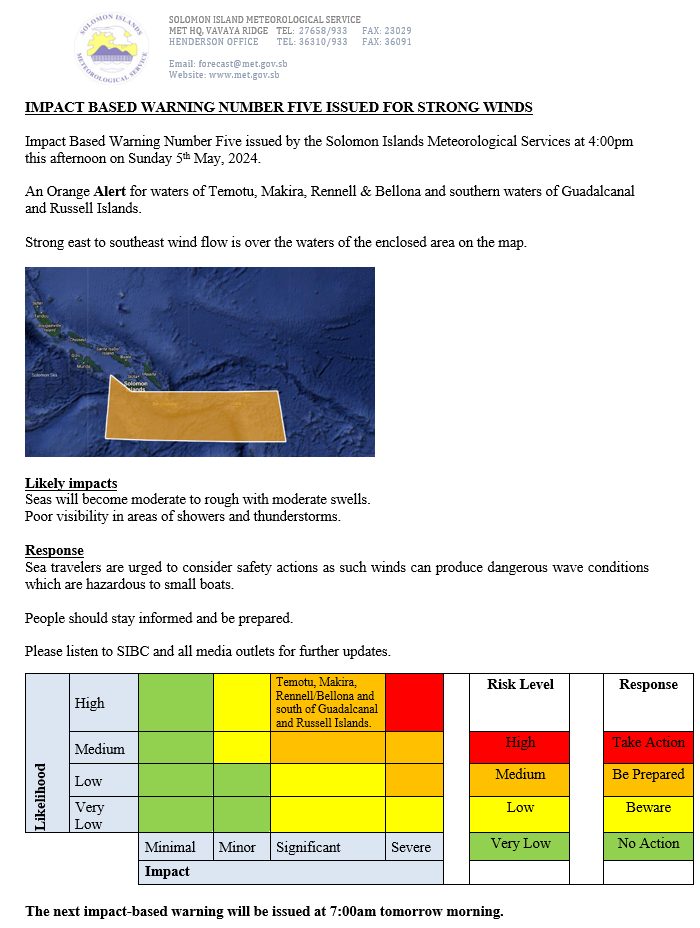 Strong wind warning for Solomon Islands