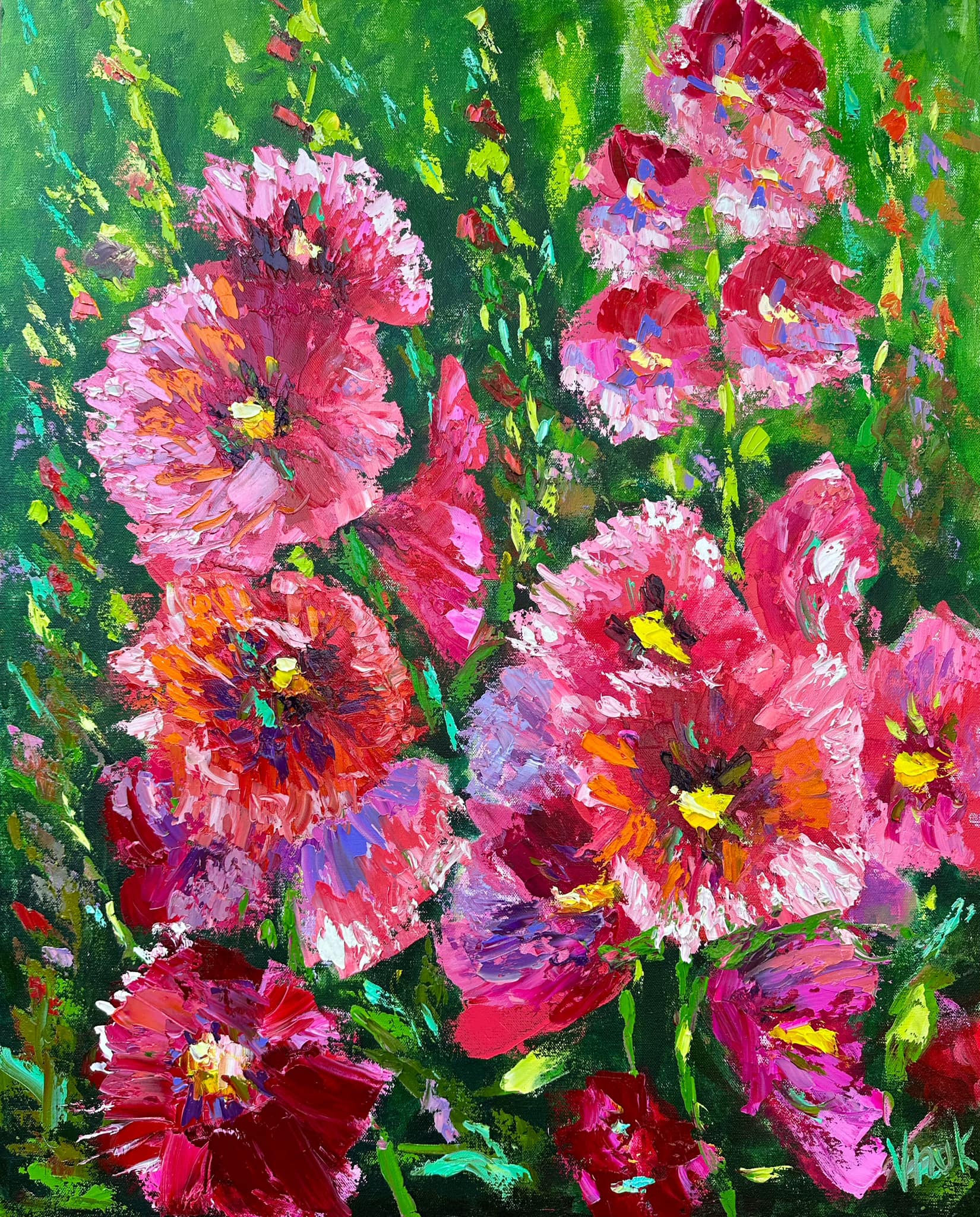 Oil painting inspired by hollyhocks at Ephraim Motel