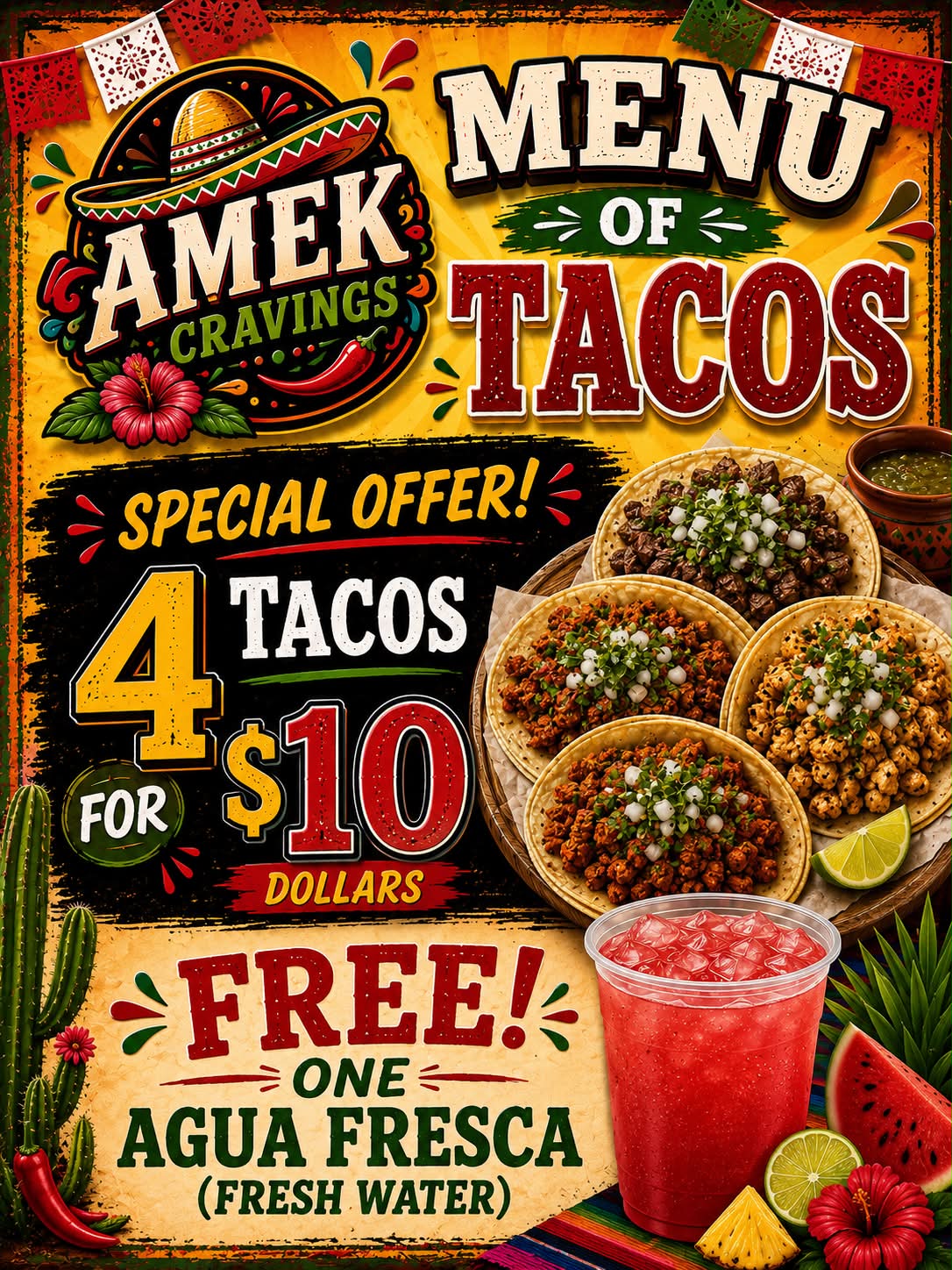 🌮 AMEK CRAVINGS 🌽 🌮 4 TACOS FOR ONLY $10! Come enjoy the