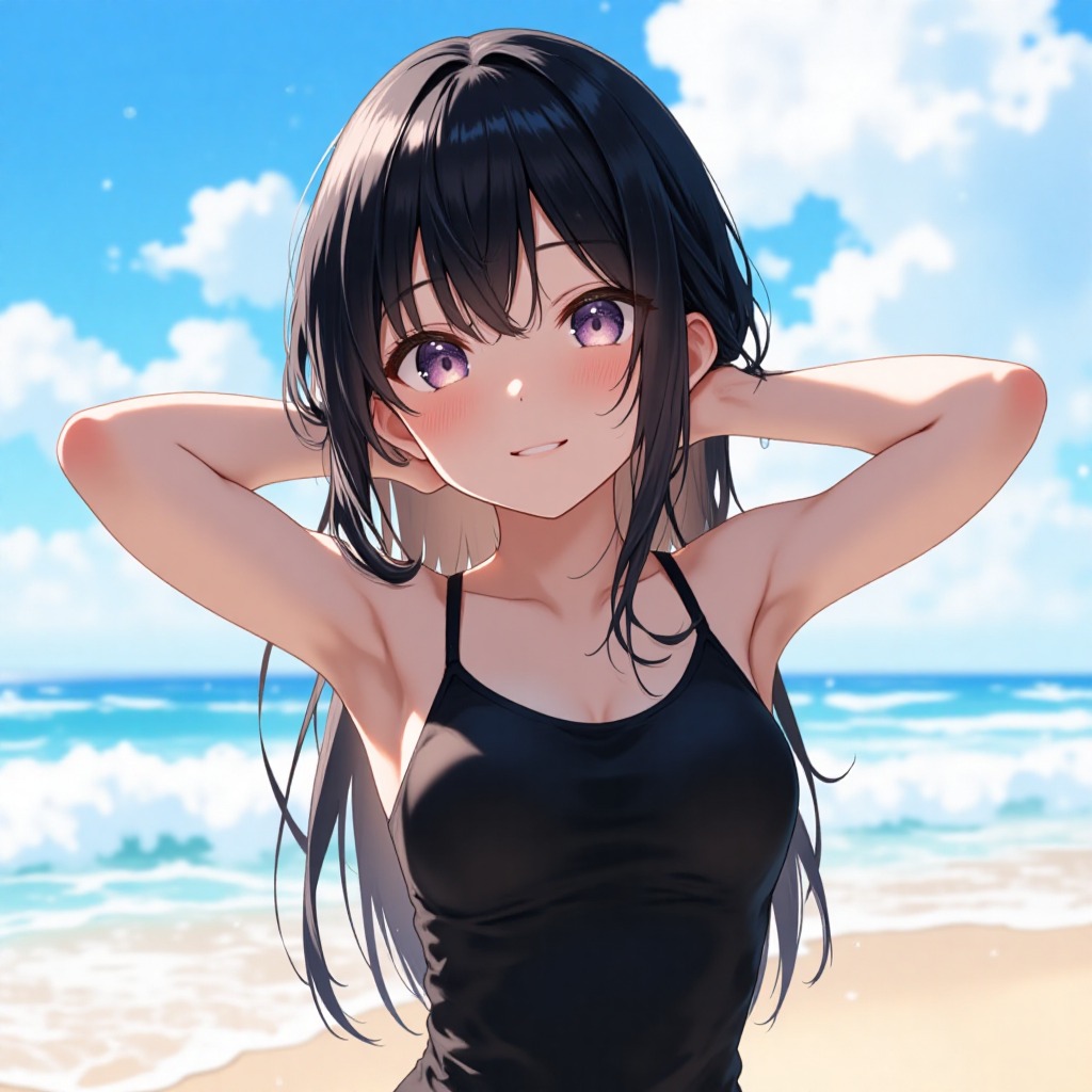 Prompt : 半身俯拍：明媚蓝天，少女躺起伏草原，黑长发如墨缎铺草