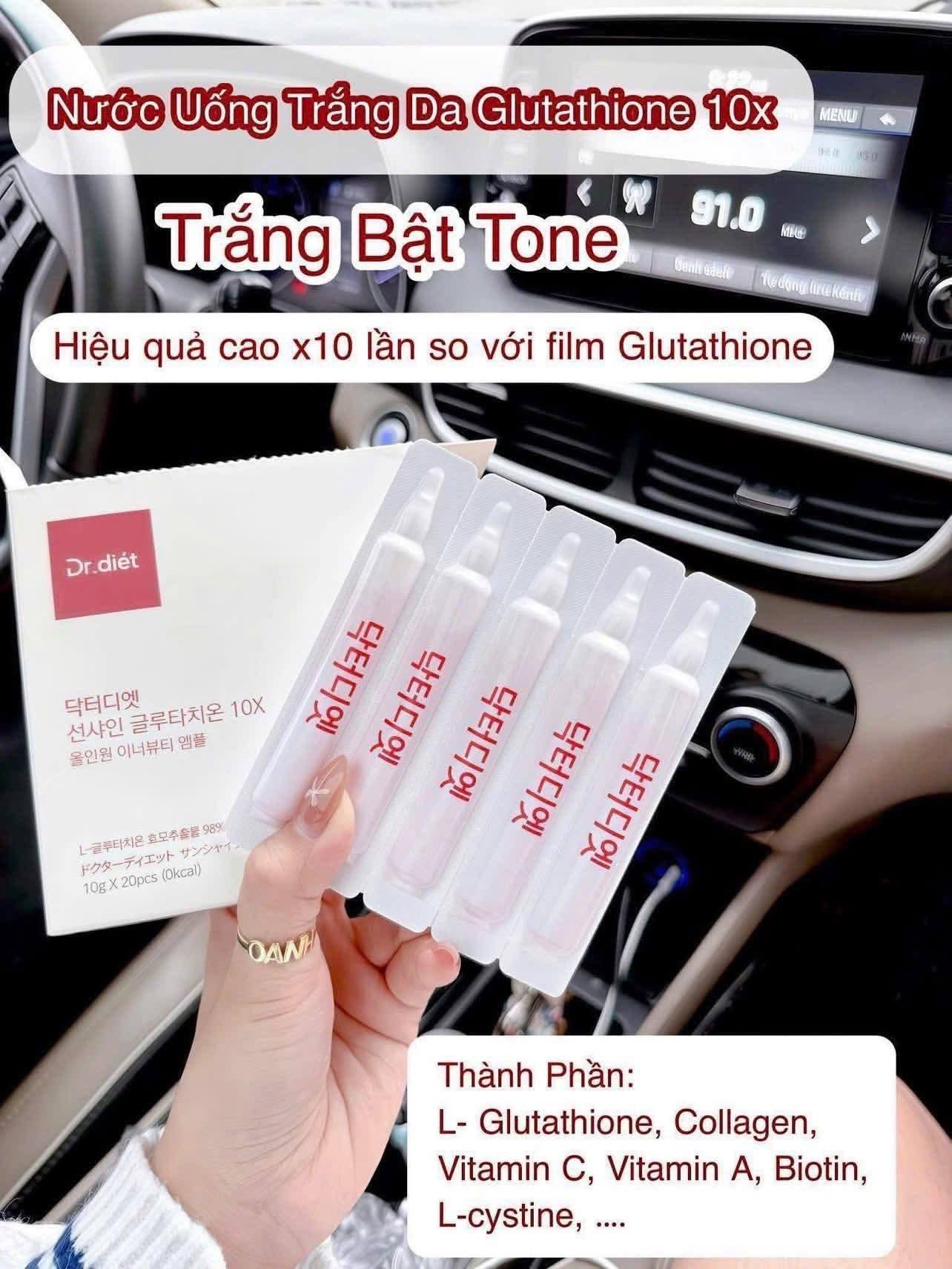 Làn da cải thiện đáng kể là nhờ bí kíp kết hợp từ bên trong và bên ngoài đấy ạ . Siro nước uống trắng da Dr. Diet Sunshine Glutathione 10X –