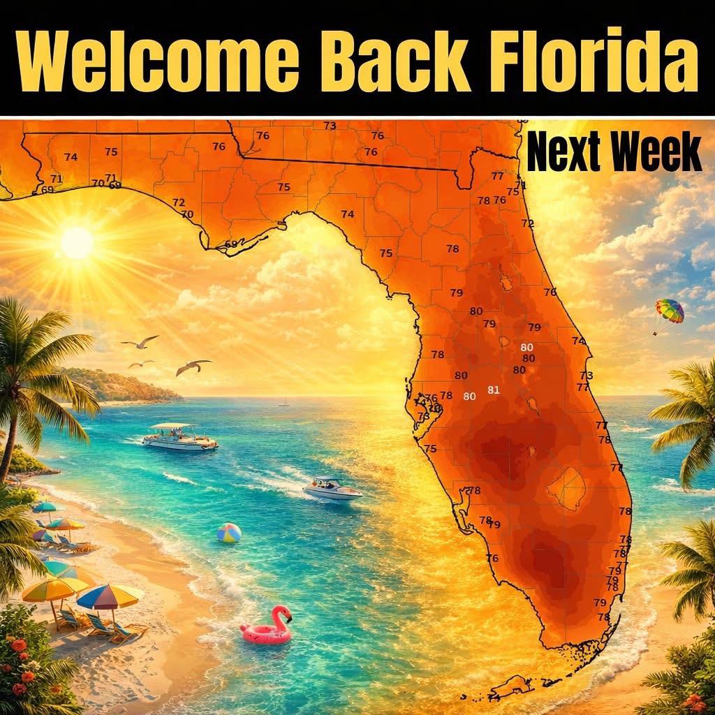 Welcome back Florida. Next week temps climb back into the 70s and