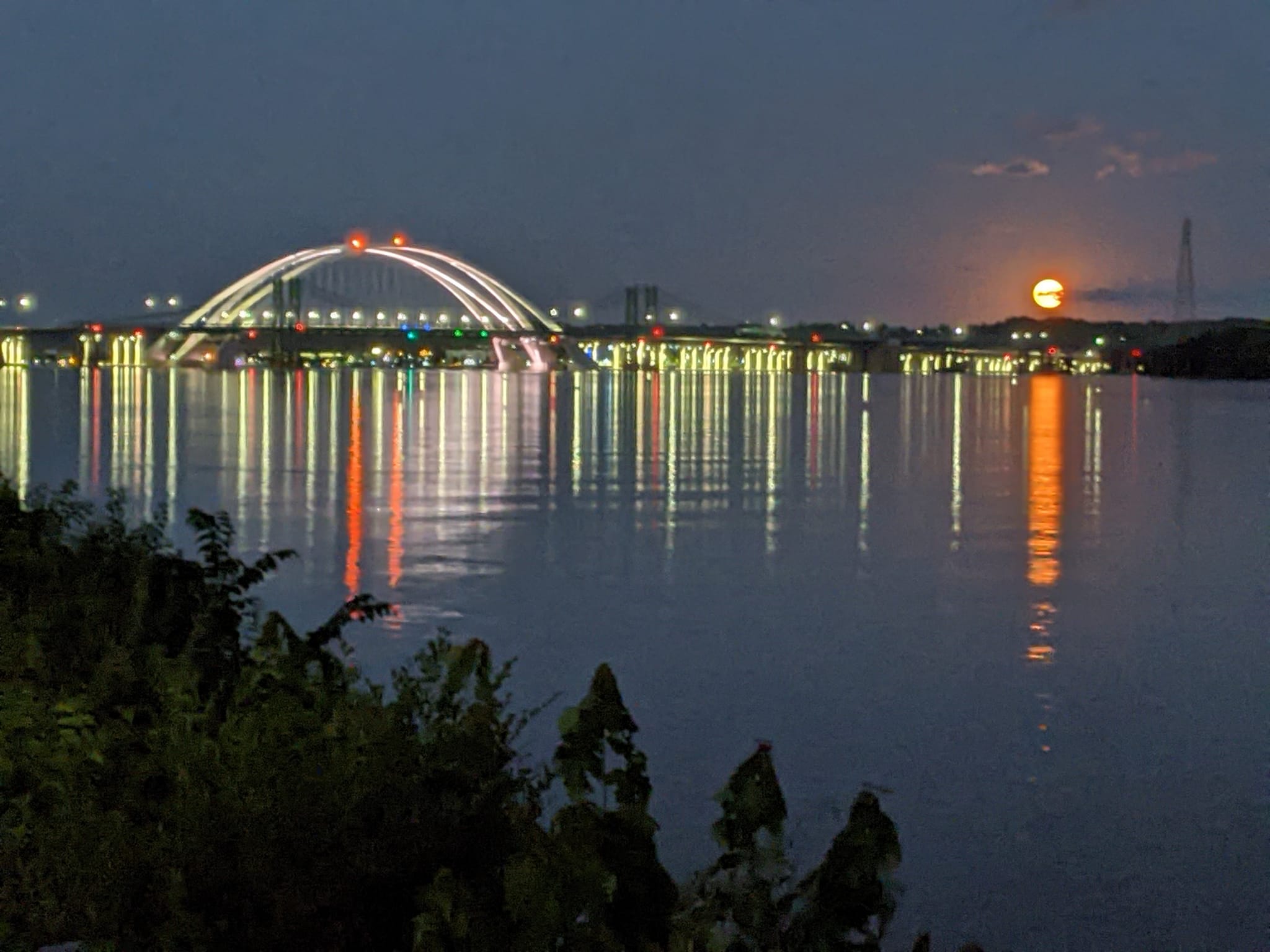 Crescent moon over Mississippi River and I-74 bridge | Moline, IL