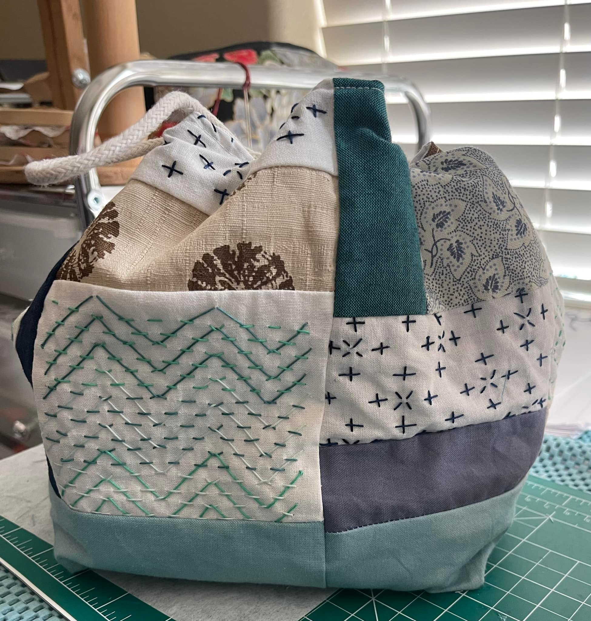 Patchwork rice bag with Sashiko sampler blocks