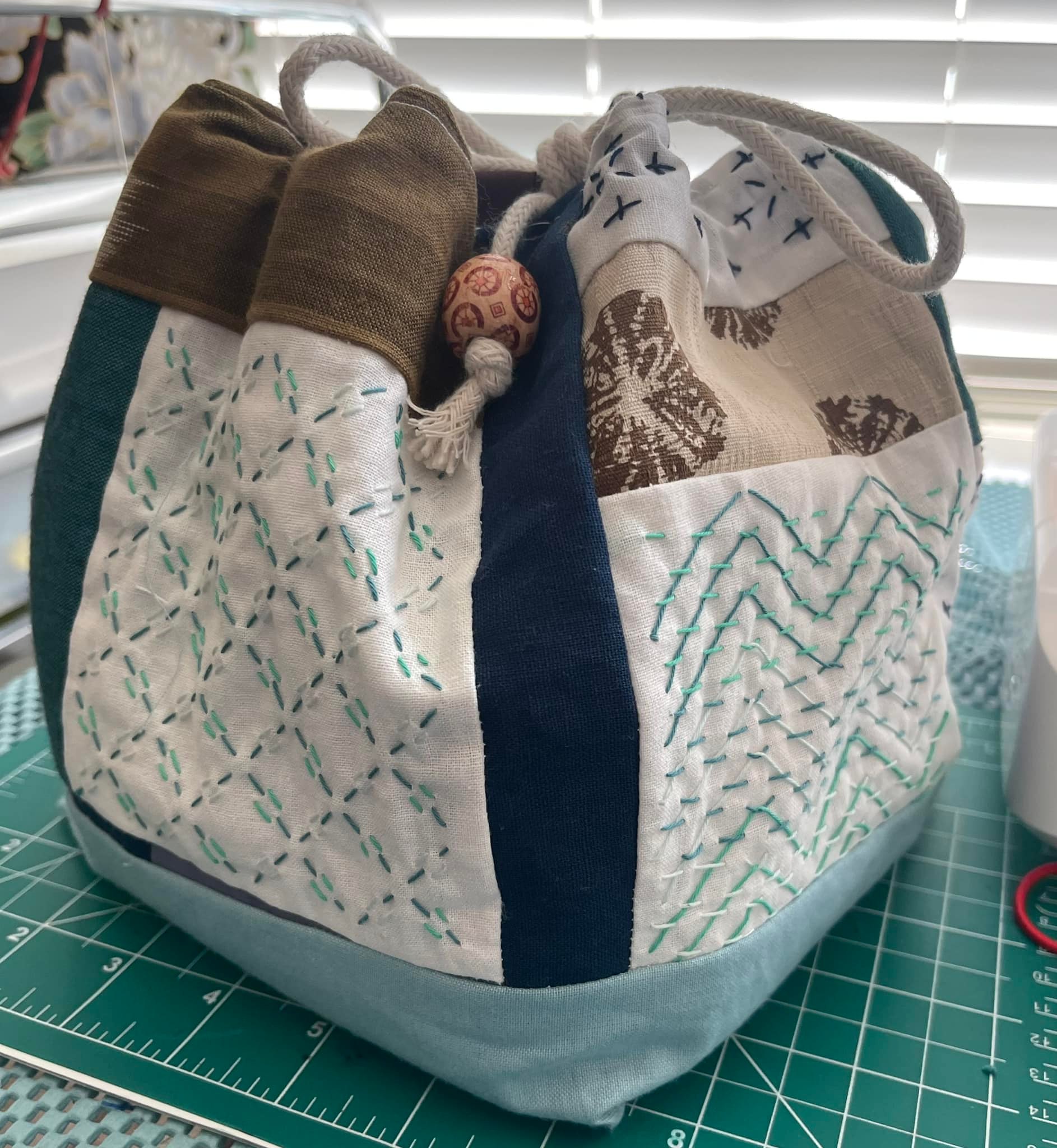 Patchwork rice bag with Sashiko sampler blocks