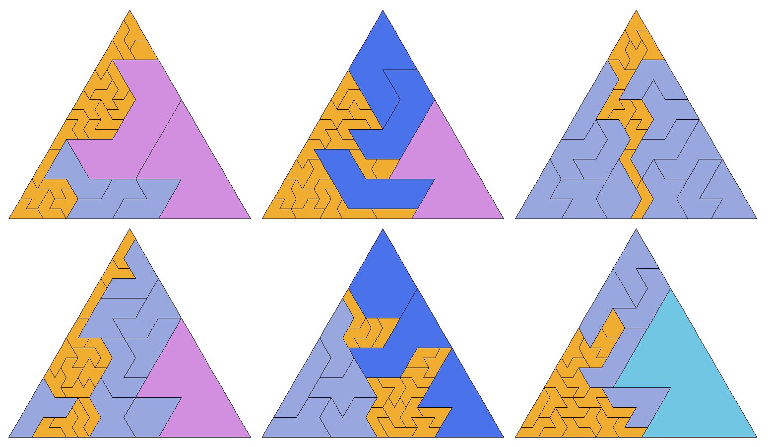 The 24 heptiamonds, one of each, scaled, in a triangle. Smallest 