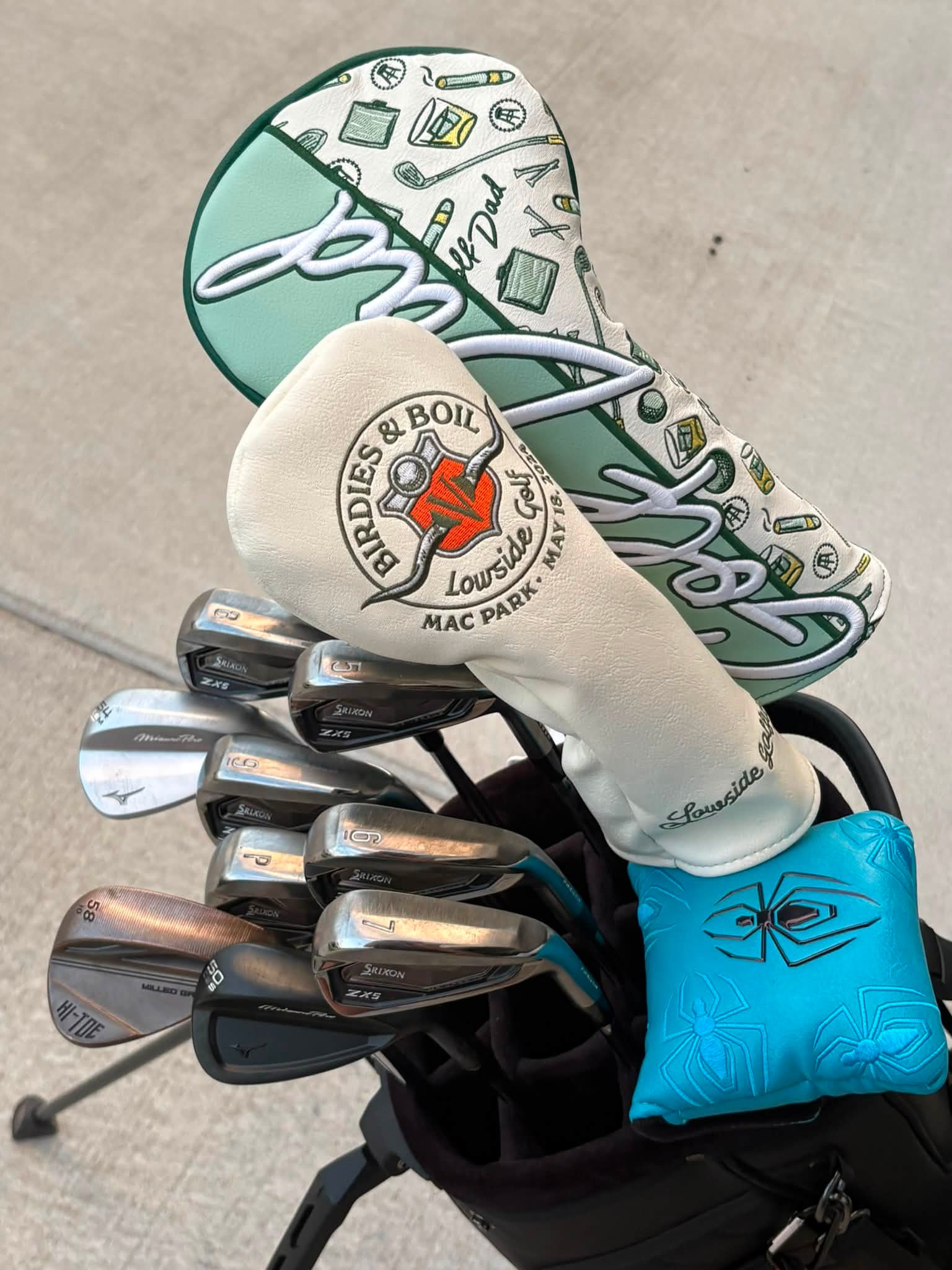 Golf bag with Ping, Callaway, Srixon, Mizuno, and TaylorMade clubs