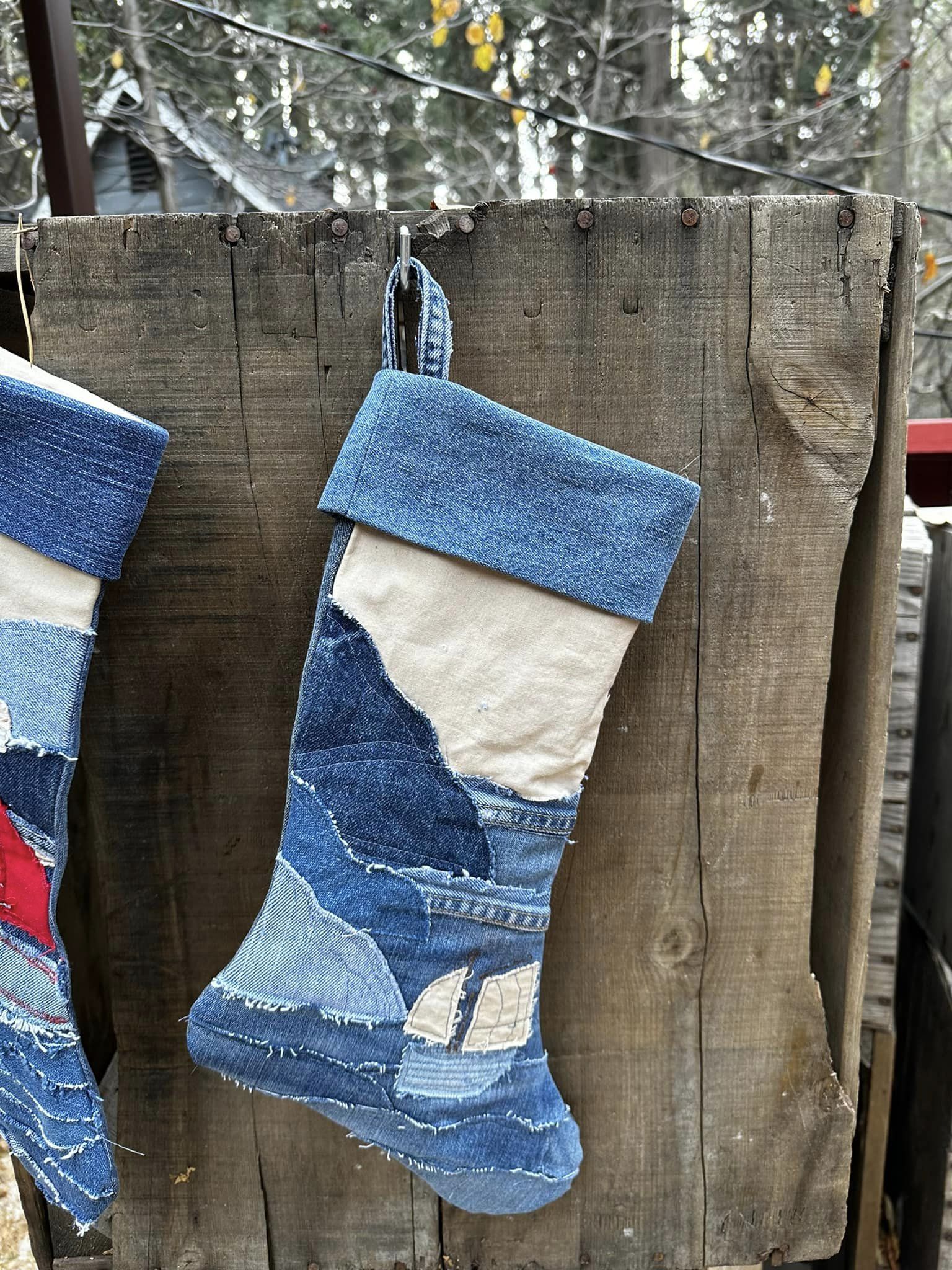 Seaside holiday stockings made from upcycled denim