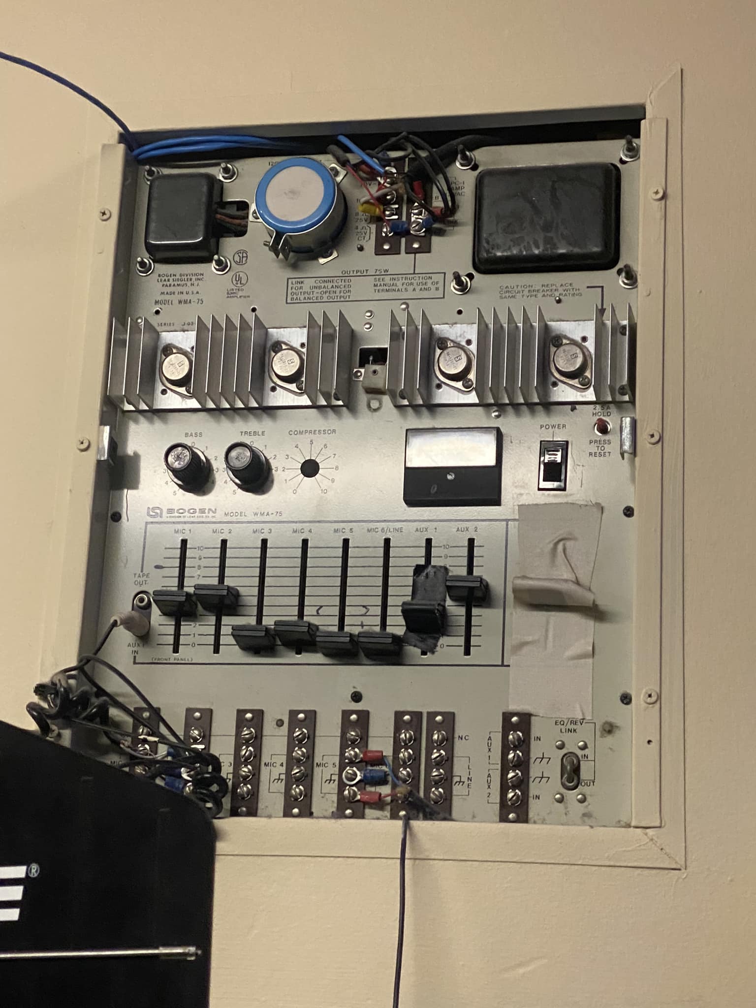 Vintage sound system components in historic theaters