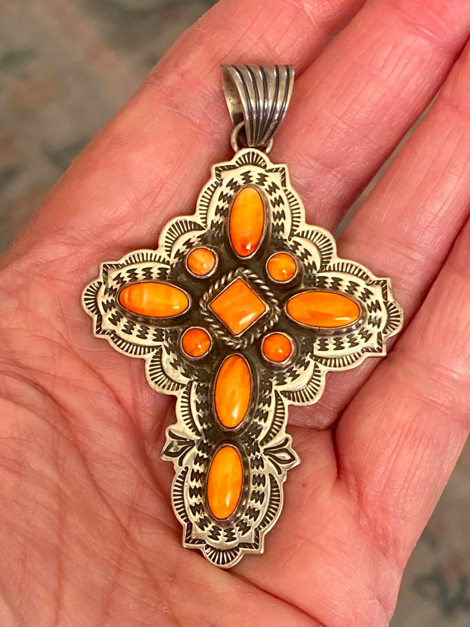 Navajo Alvin Lee Sterling Silver and Orange Spiney Oyster Cross