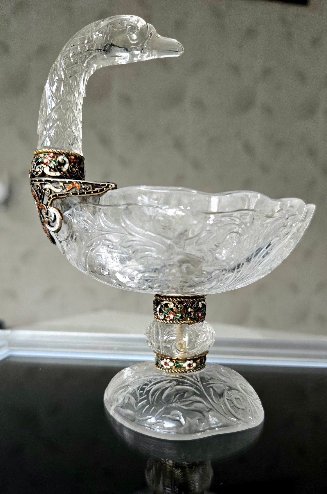 Austrian silver and rock crystal bowl with bird figure by Hermann