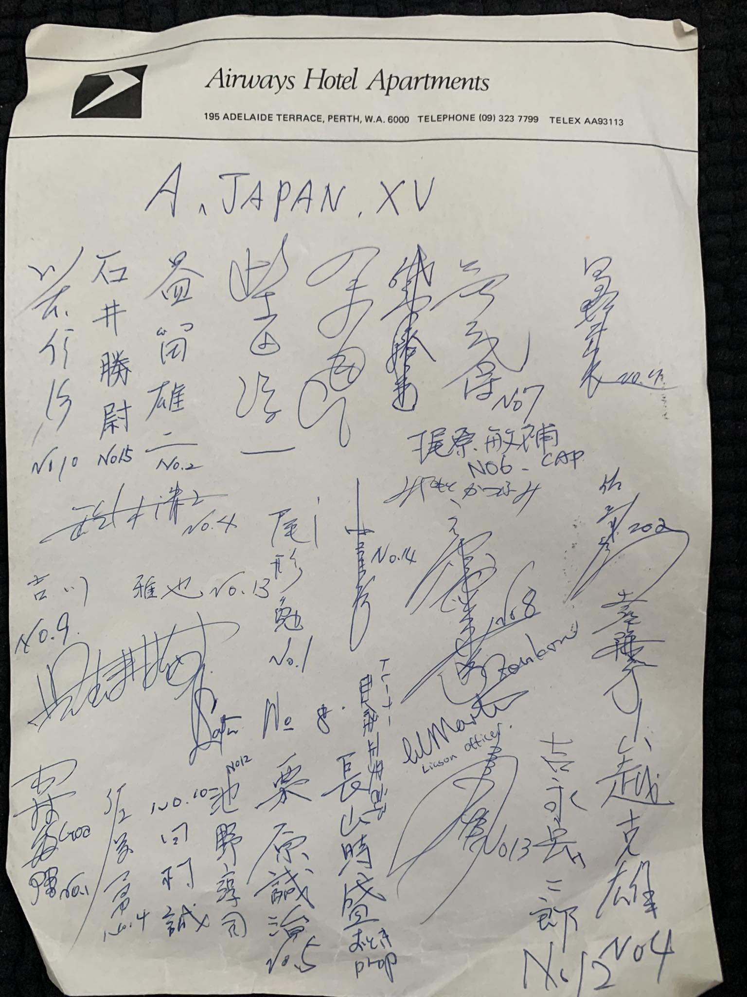 昭和61年の日本のラグビー選手のサイン。 こんな選手覚えていますか