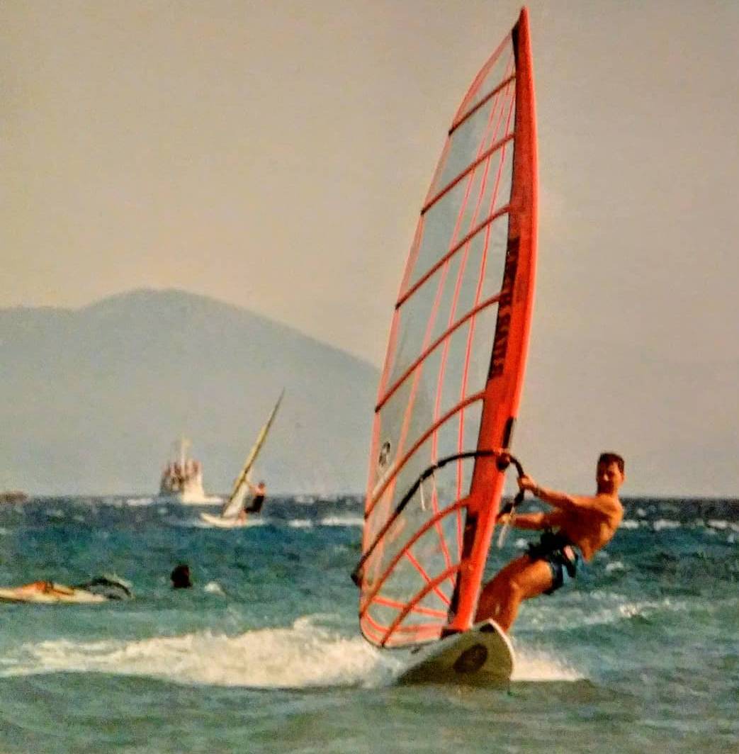 Late 90s. North sails Prisma 6.5 on a Fanatic 130 liters. Lefkada