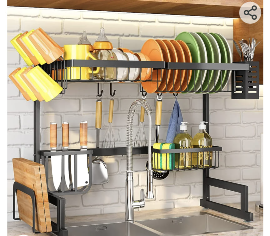 Foldable Cup & Bottle Drying Rack / Trash Bag Holder - Metal, Black, Multifunctional Kitchen Stand