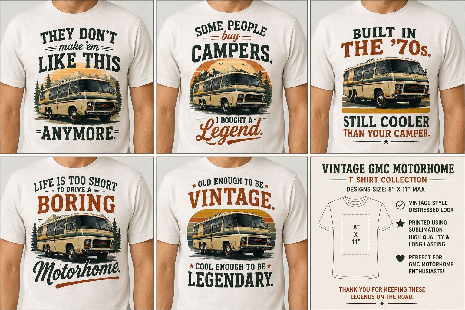 Custom vintage GMC motorhome shirts and products