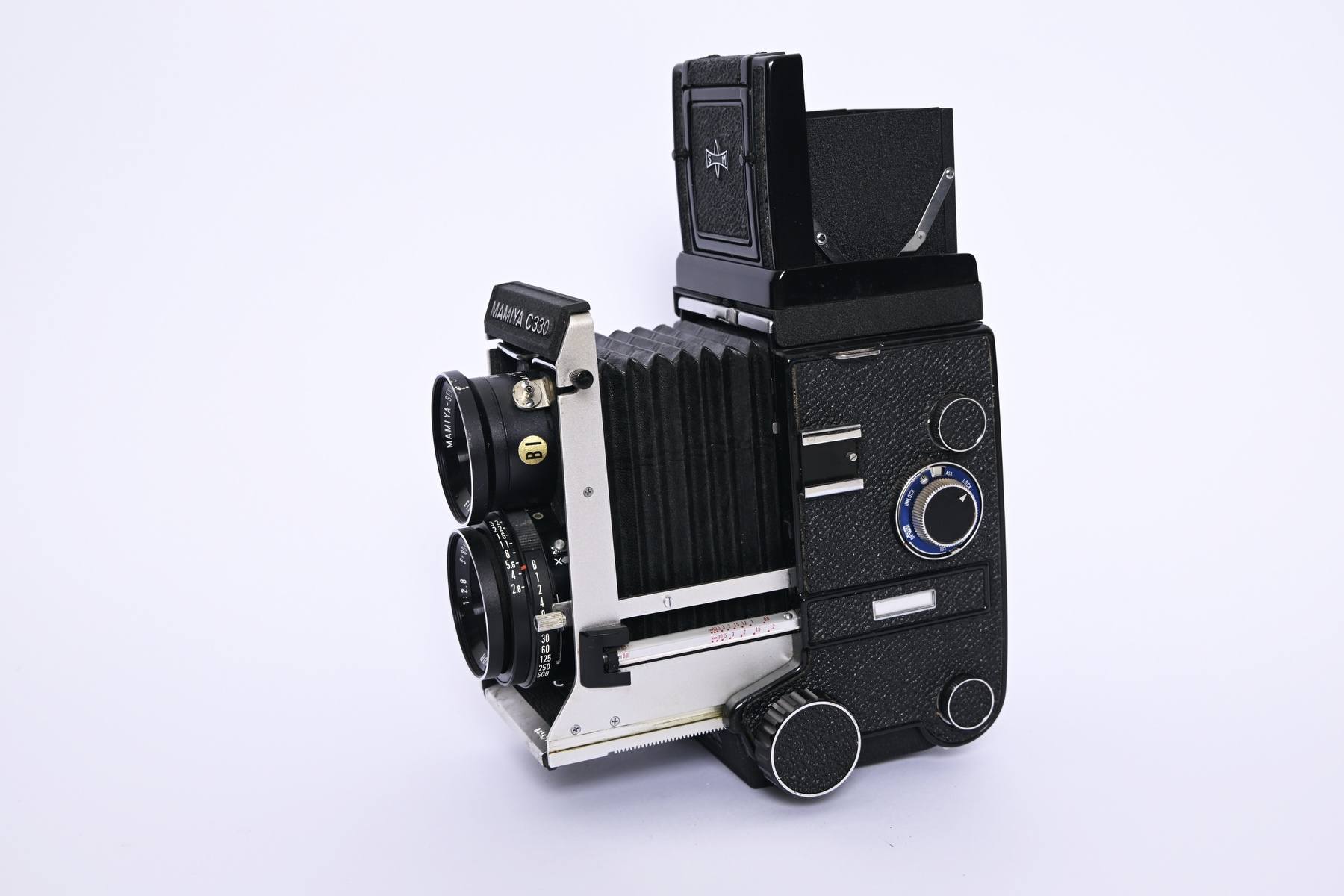 Mamiya C330 camera with 80mm F2.8 blue dot lens and expired Fuji