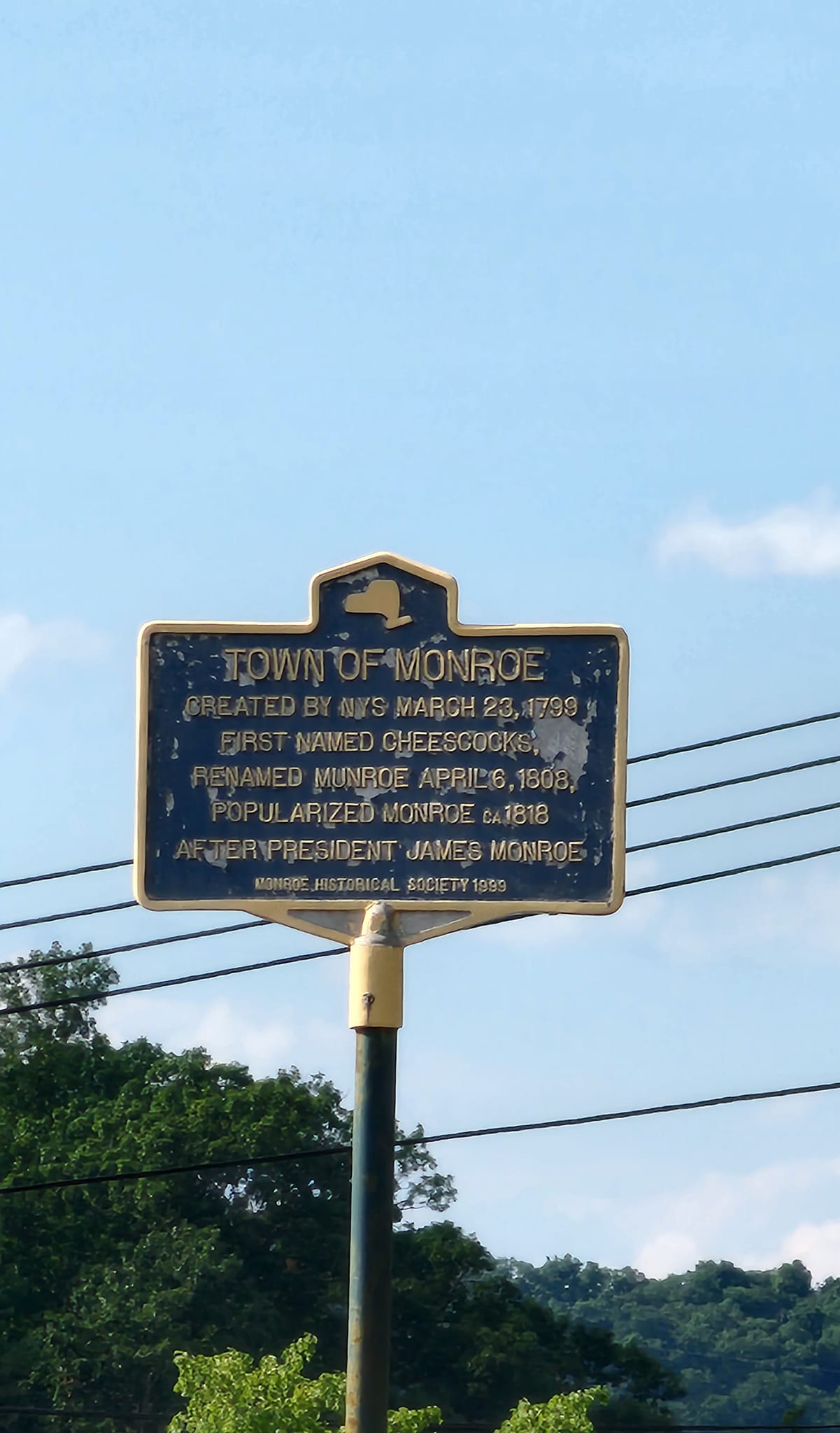 Historical marker in Monroe, NY, formerly known as Cheesecocks