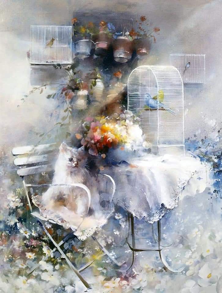 Willem Haenraets' impressionist watercolour of girl with cat and dog