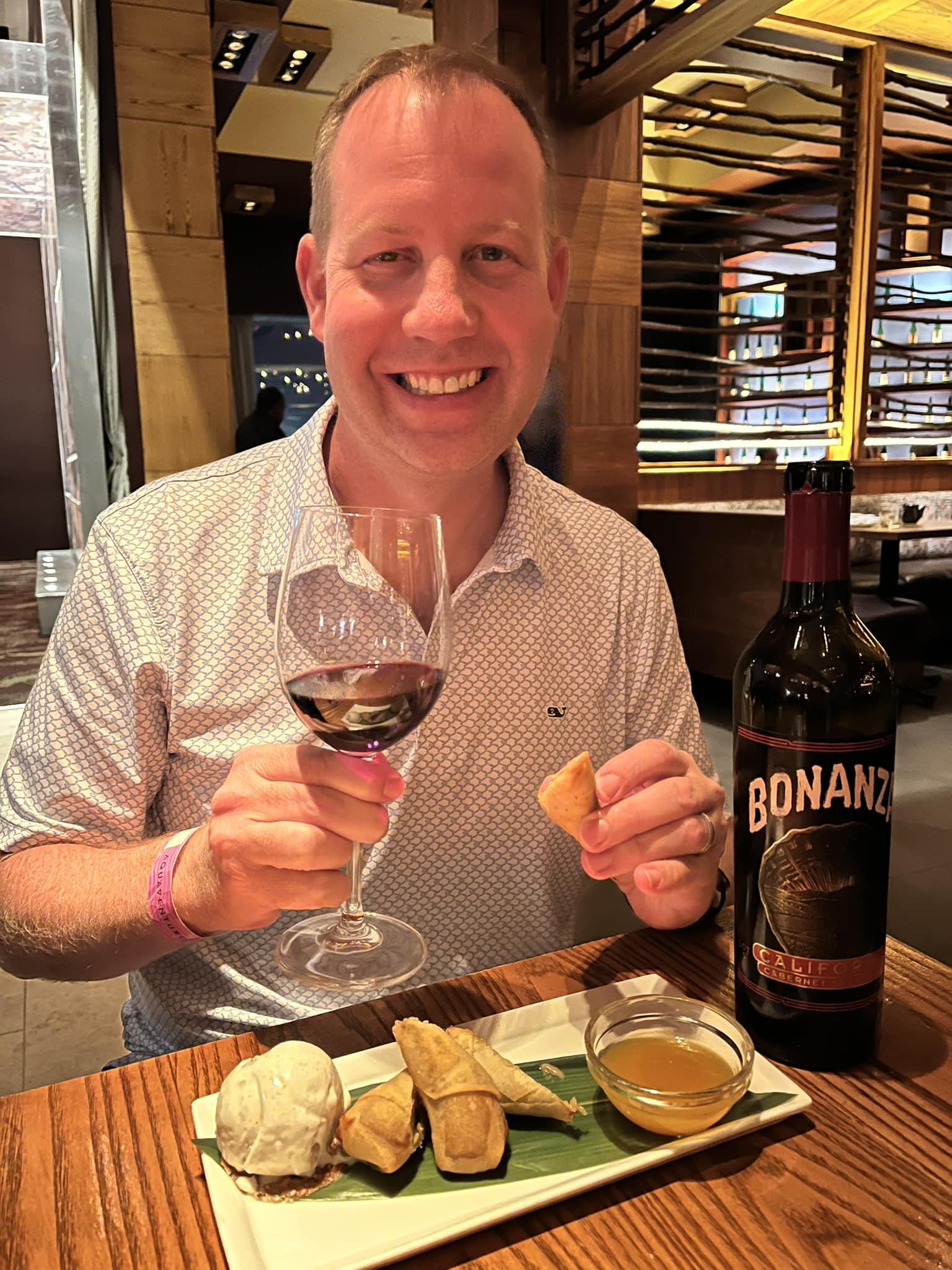Harumaki dessert and Bonanza wine pairs well at Nobu 