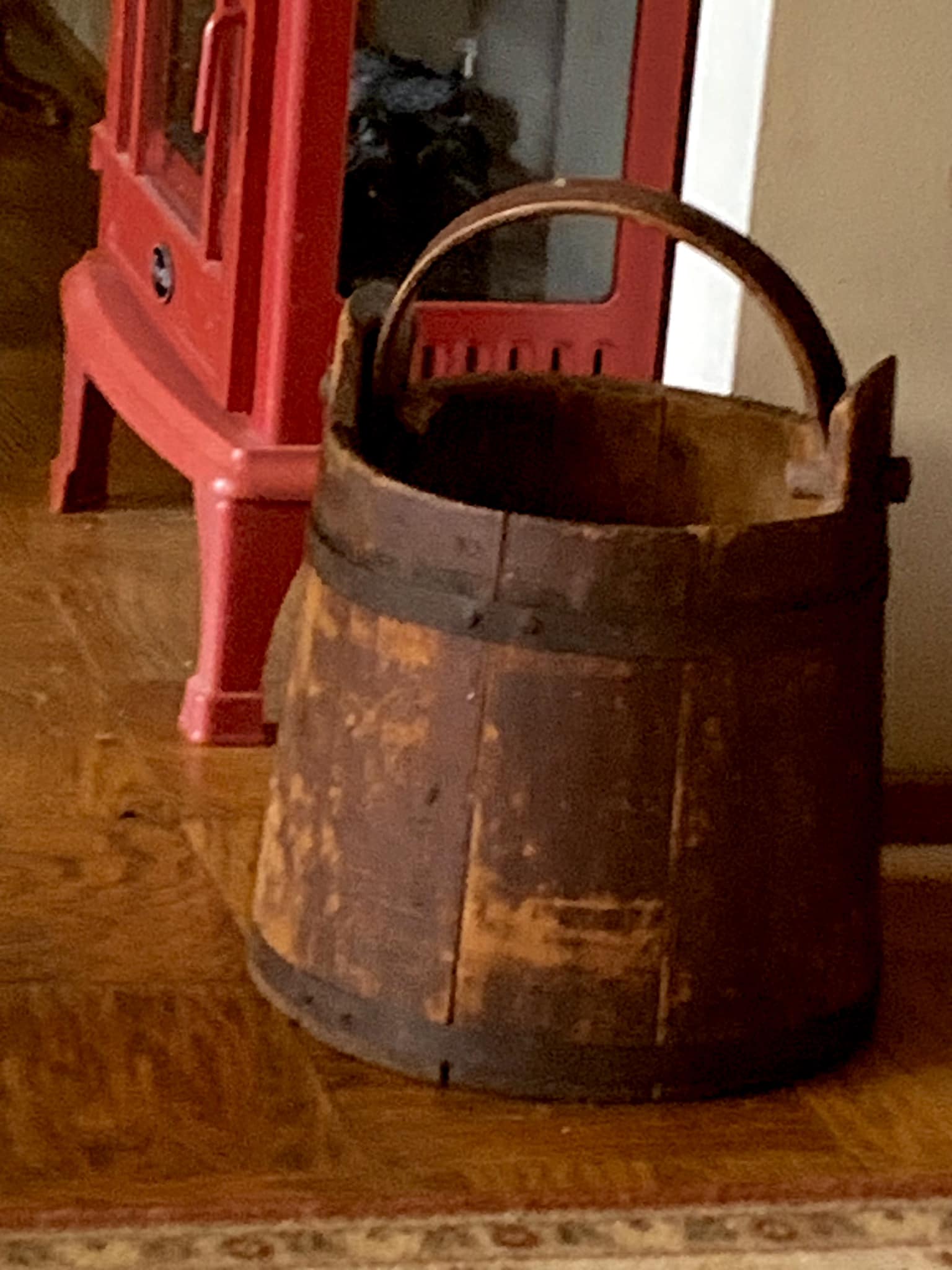 Early American maple syrup firkin with original red paint