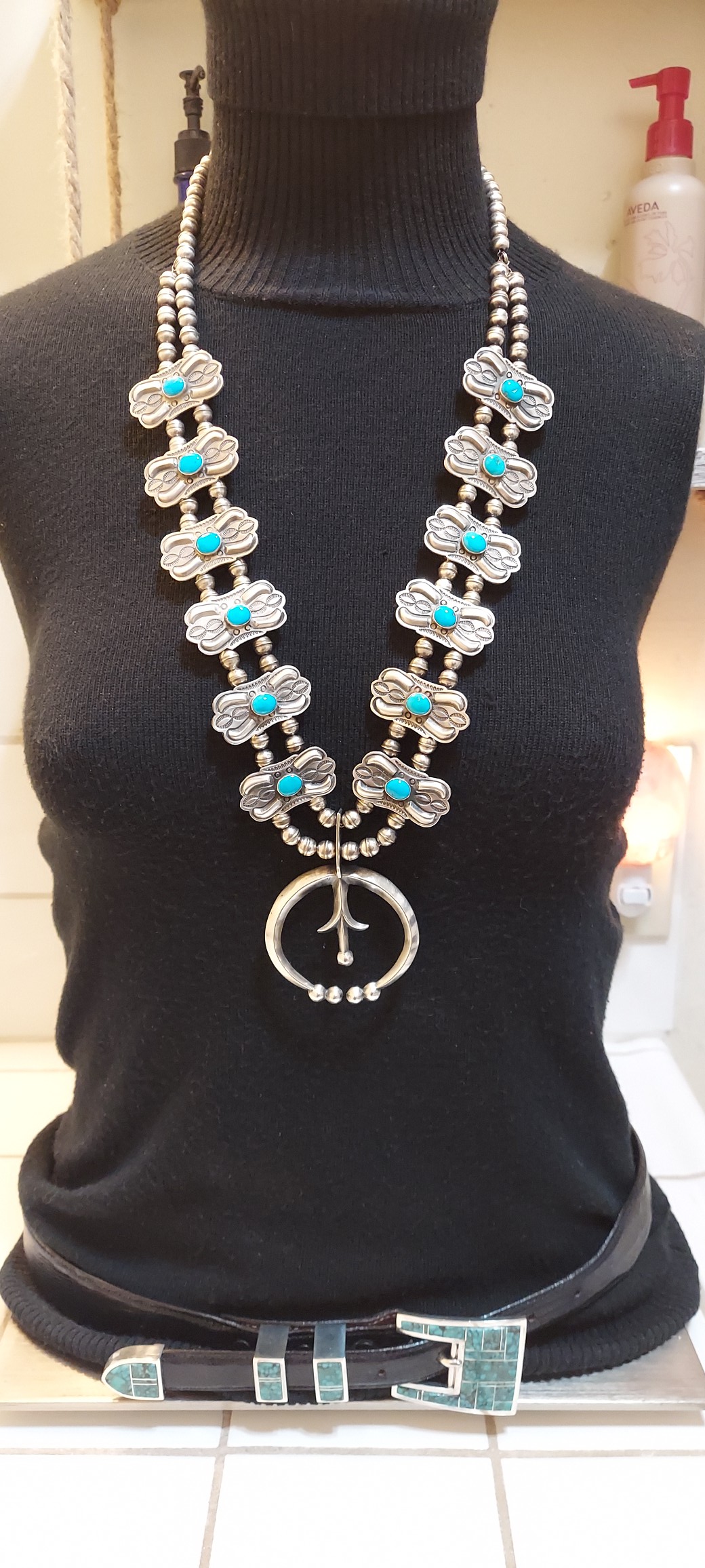 Harry Morgan handmade Navajo squash necklace with Sleeping Beauty
