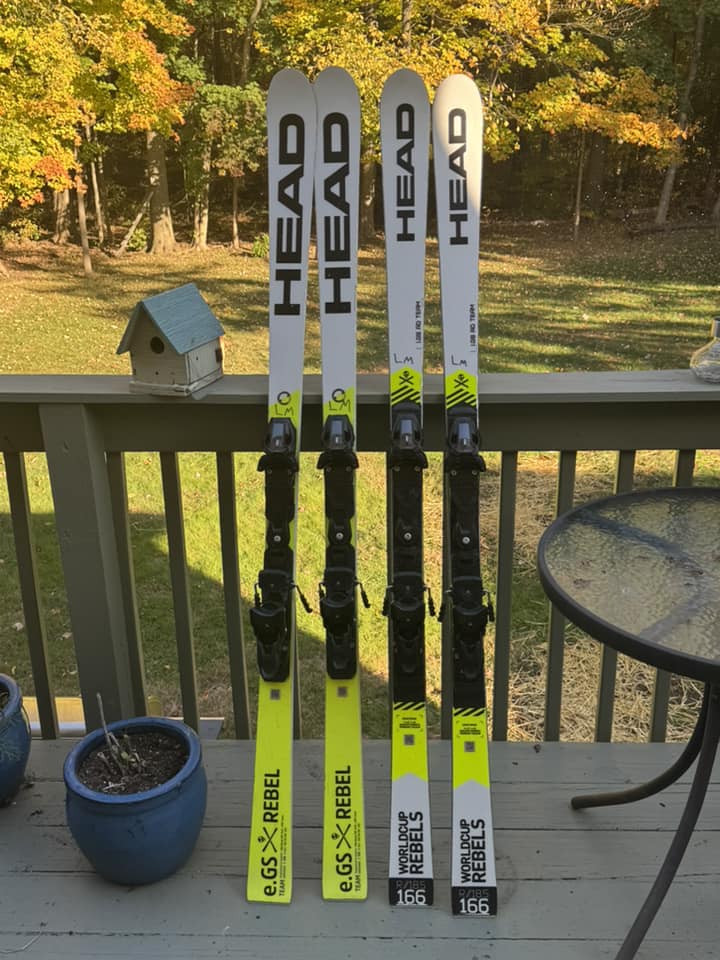I'm offering two ski options: a 166 cm Head World Cup Rebels ski