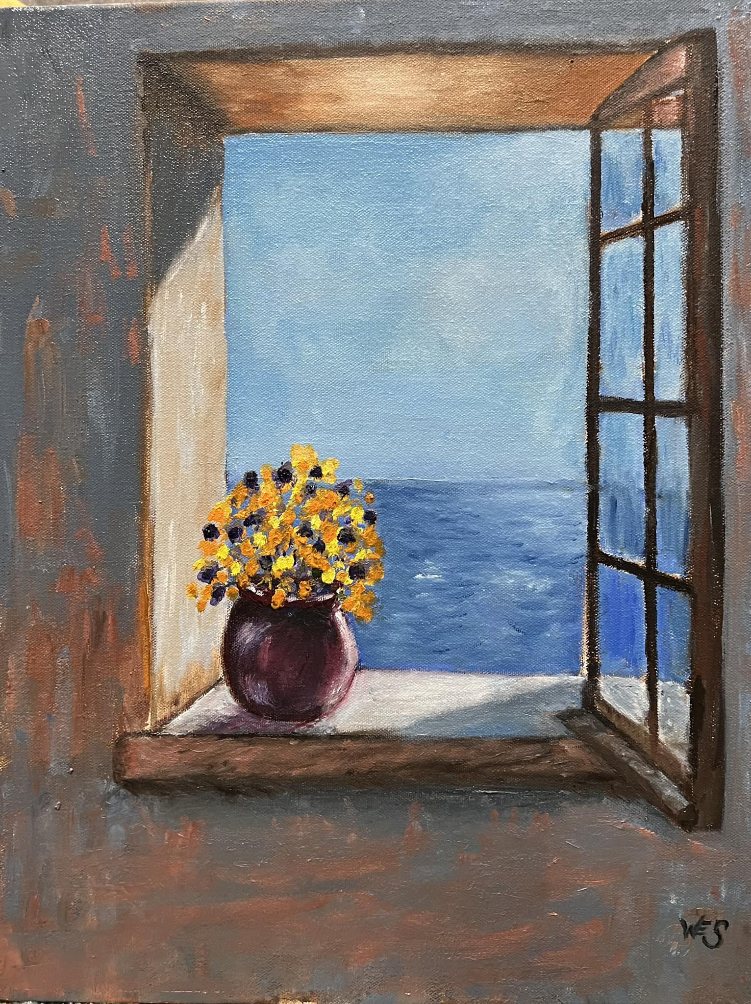 Flowers in the window overlooking the Mediterranean Sea. 16x20