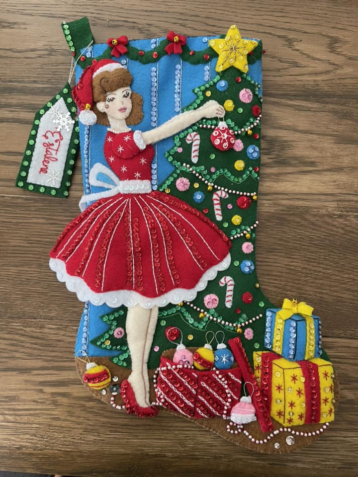 christmas stocking dress The for my grandma is finished! I took a lot of notes from people in this group and used holographic and iridescent sequins on her dress, lined the stocking, added more Atria Signature Colors:Purple