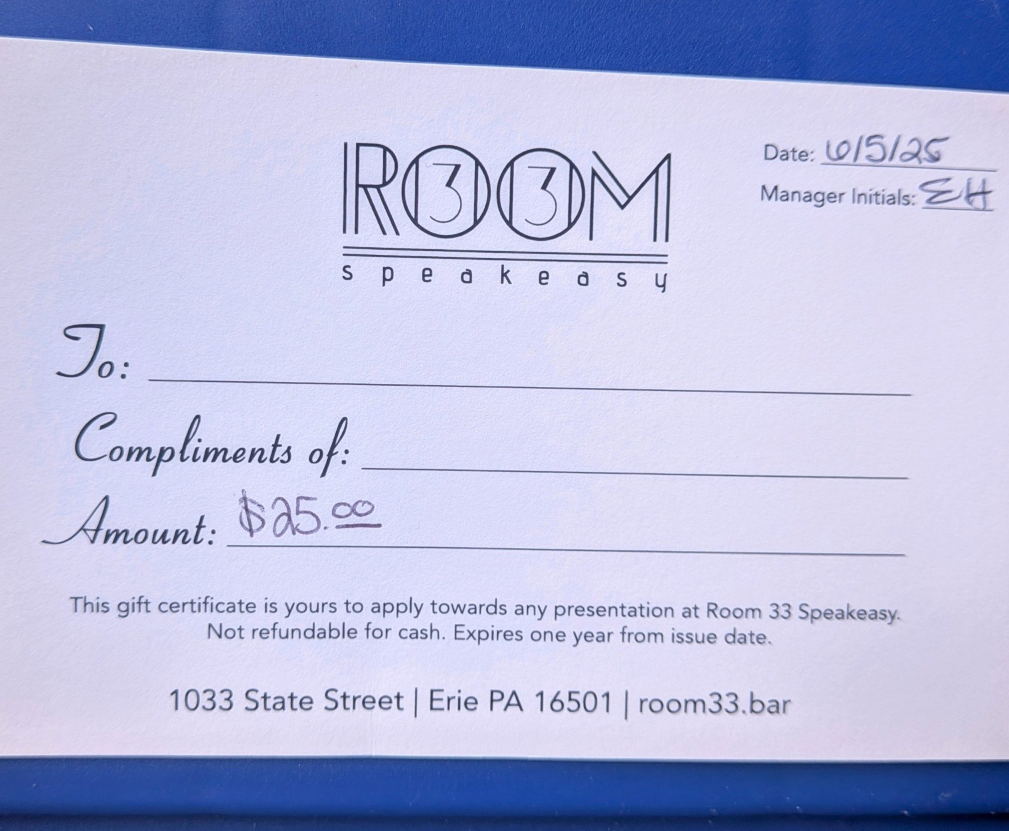 Room 33 speakeasy gift basket and spa items