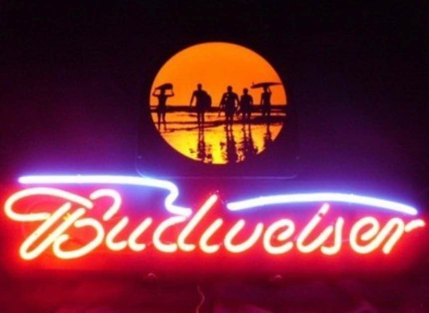 BUDWEISER NEON BEER SIGN SUNSET SURFERS ON THE BEACH w/ SURFBOARDS