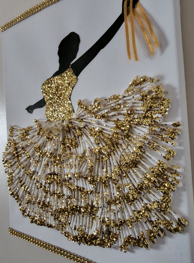 gold diva dress 3D artwork with glitter Rose gold