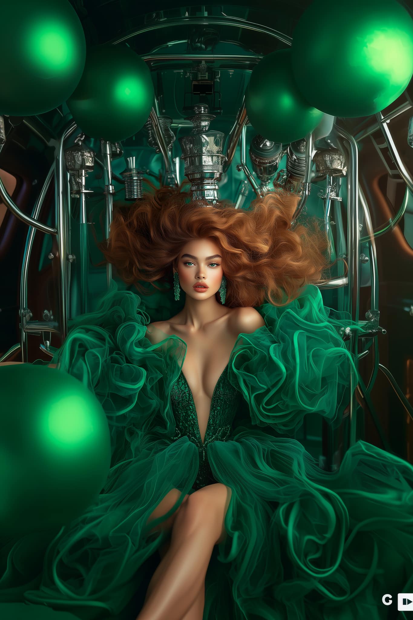 cruella green dress deville dressed in an a haute couture inspired in jean paul gautier. Volumetric. Hyper realistic. 55mm lens. Full body shot. she is dresses in white and black. The background is loop-ae-026