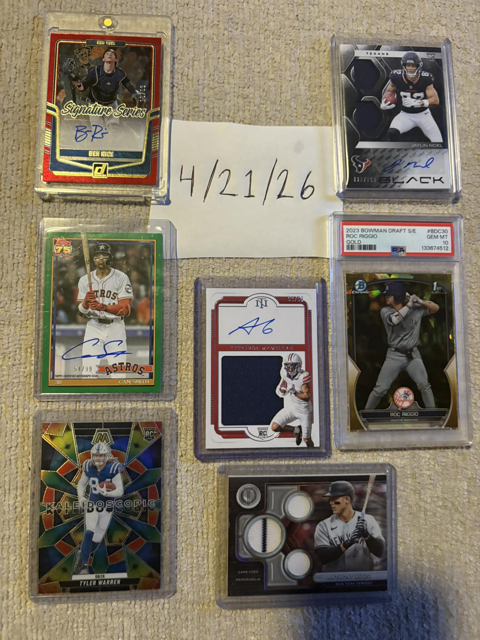 Rizzo tri patch 198/199 $20 Noel duel patch auto RC 113/149 $20 