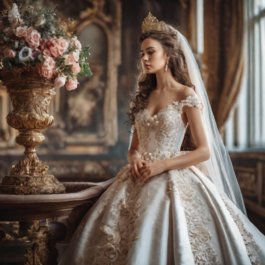 ai wedding dress designer Prompts ( online Stable Diffusion XL service ) #aiiamge #aiphoto #aiart #stablediffusion Photoshoot of woman in dress, beautiful wedding dress, baroque design, romantic dress, professional photography, baroque style background, luxury Ai tool Style:Strapless Straight Neckline Mermaid Strapless Sexy Cascading