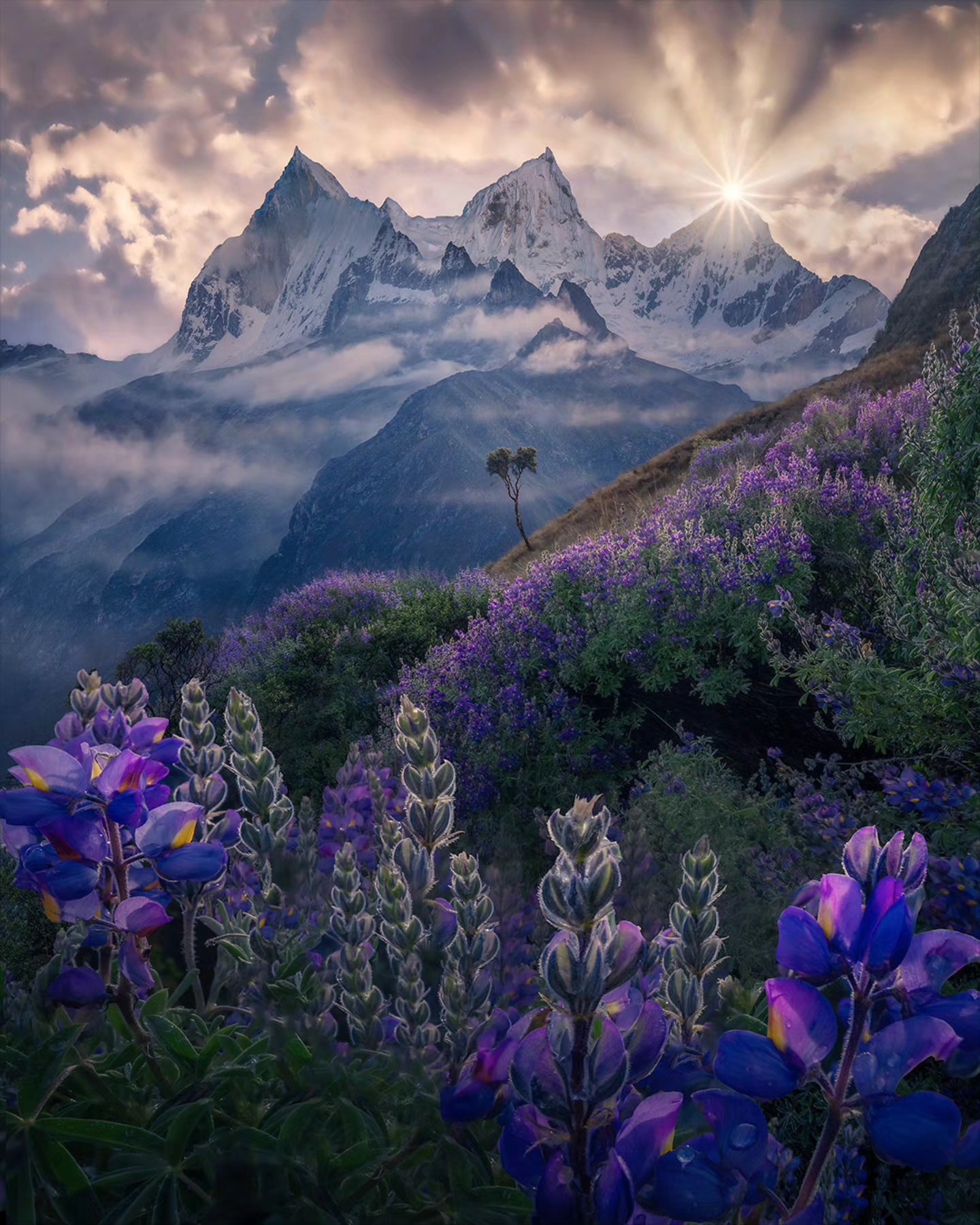 A setting sun in the high mountains of the beautiful Andes